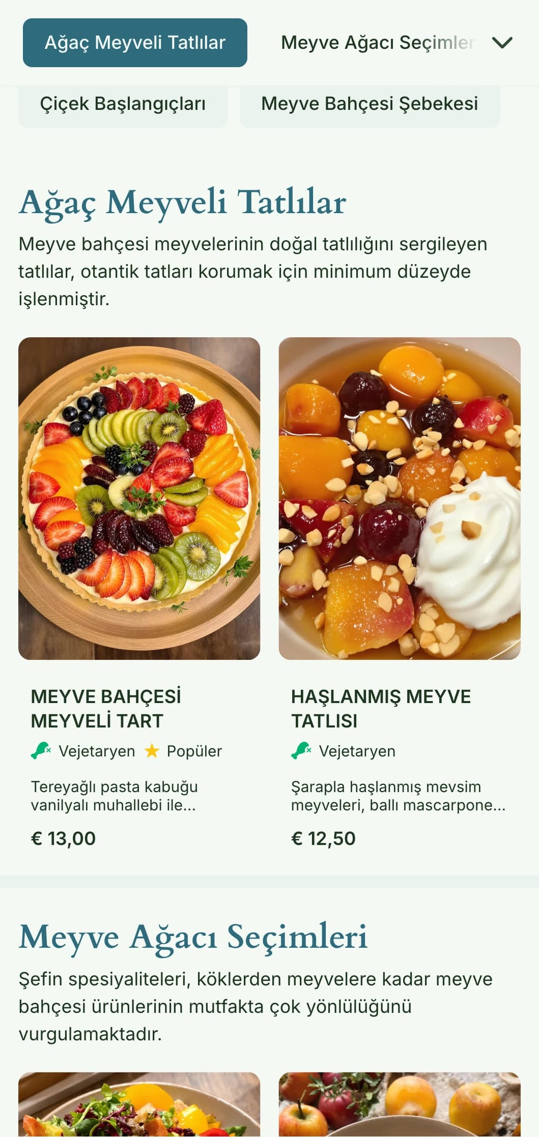 Ağaç meyveleri ve meyve bahçesi ürünleri kullanan restoranlar için ideal, mevsimsel unsurlar ve doğal bolluk içeren, meyve bahçesinden ilham alan öğle yemeği menüsü tasarımı.