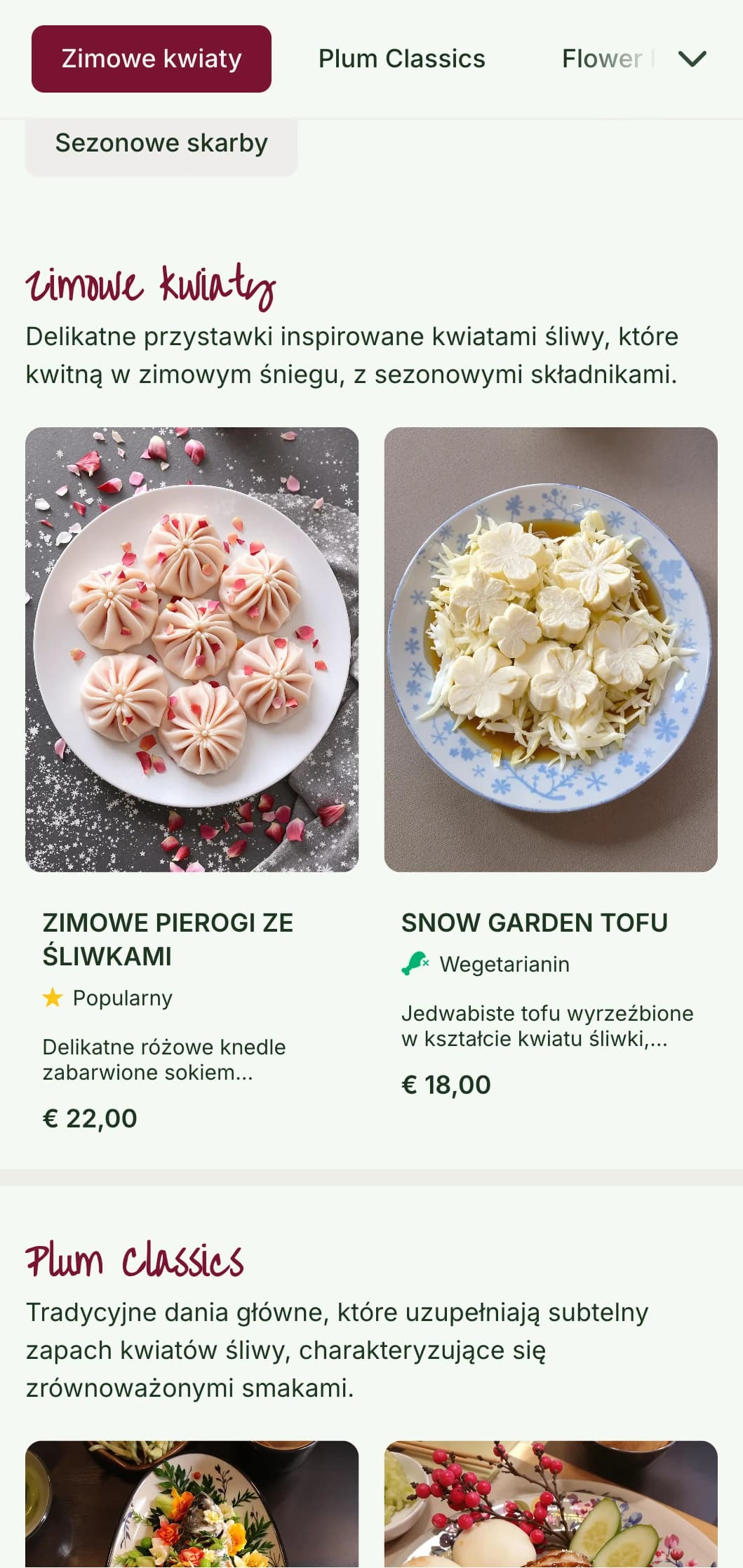 Świeże chińskie menu inspirowane kwiatami śliwy, z delikatnymi wzorami dla sezonowej kuchni zimowej i wiosennej.