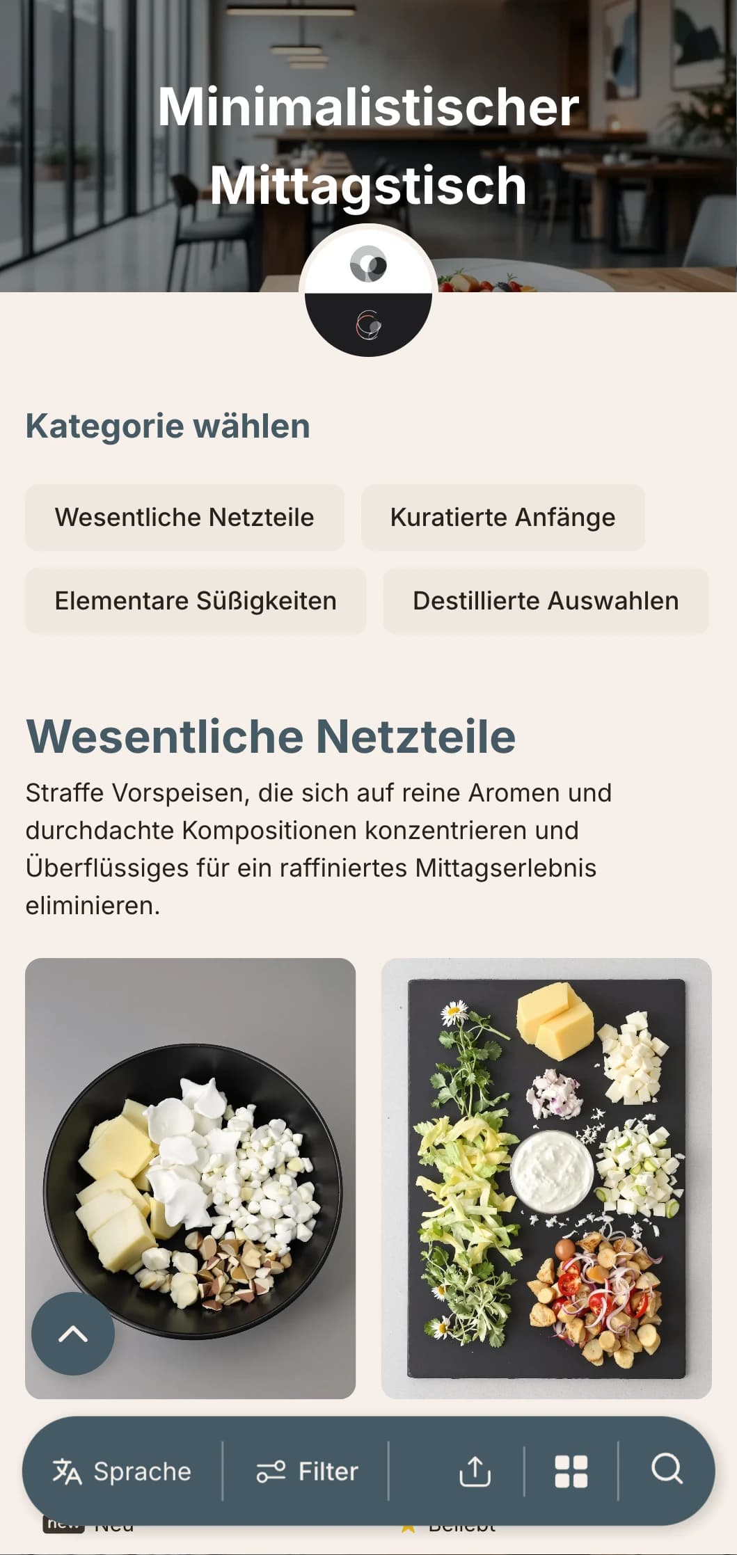 Ein extrem klares, minimalistisches Design für die Mittagskarte mit viel Weißraum und präziser Typografie, das sich für moderne, urbane Restaurants mit einem designorientierten Ansatz eignet.