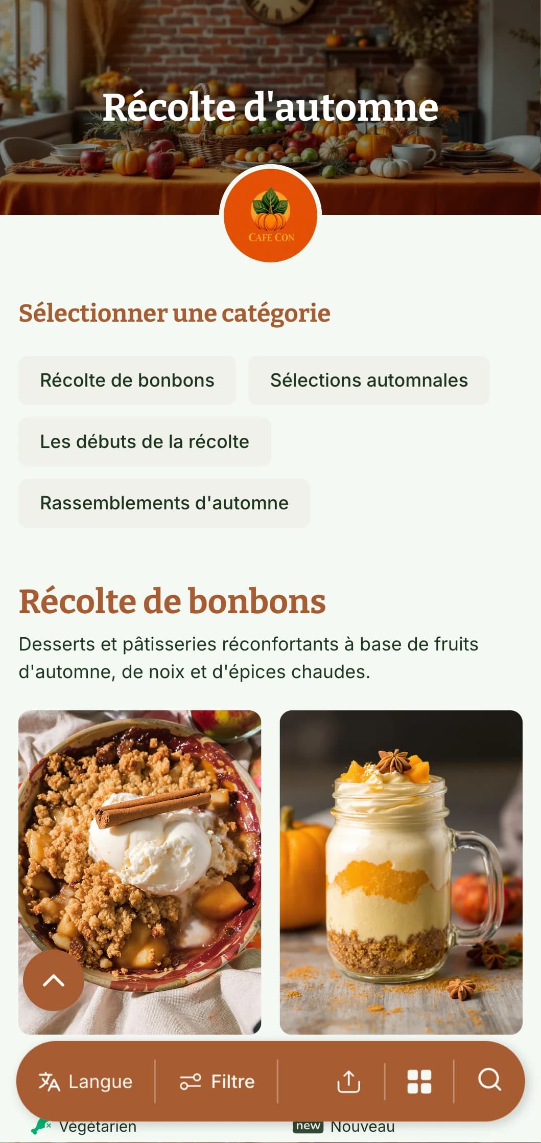Modèle de brunch saisonnier aux couleurs chaudes de l'automne, idéal pour les cafés proposant des petits déjeuners inspirés des récoltes.