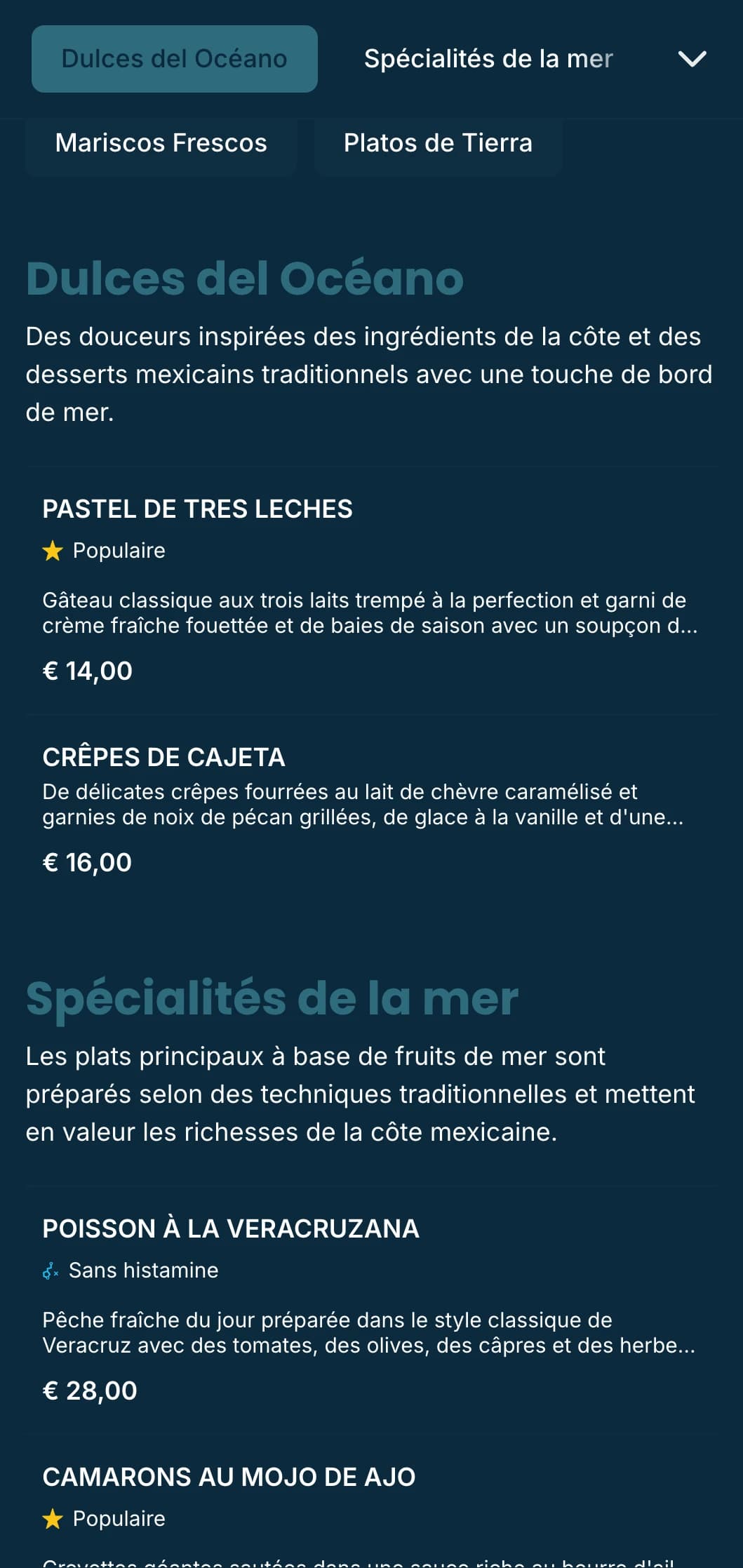 Un menu mexicain côtier, frais et décontracté, proposant des spécialités de fruits de mer avec des accents bleu azur, des motifs de vagues subtils et une ambiance de bord de mer.