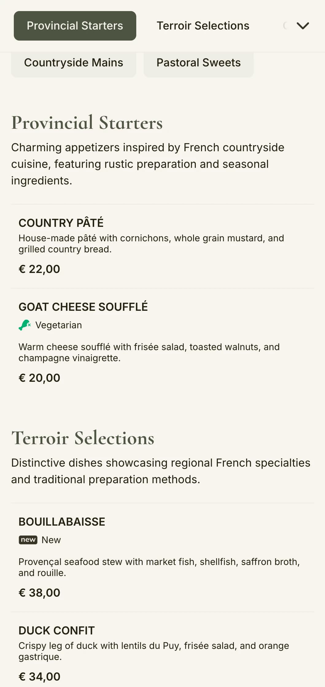 A charming dinner menu inspired by French countryside aesthetics, featuring sage green tones and rustic elegance.
