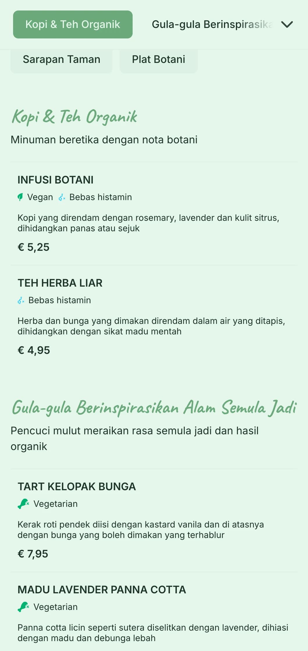 Reka bentuk bertema hijau segar dengan unsur botani untuk kafe taman dan tempat makan tengah hari organik.