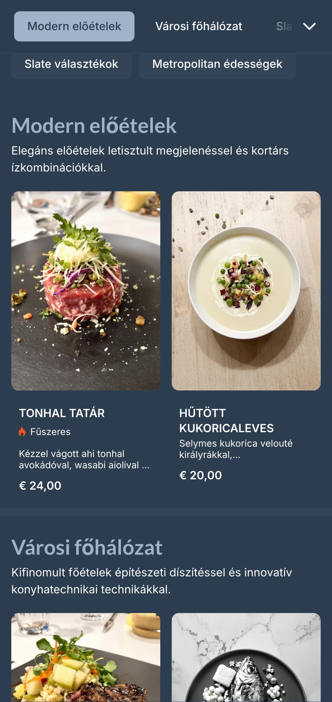 Kortárs vacsora menü hűvös pala tónusokkal és letisztult geometrikus dizájnnal, amely tökéletes a modern városi éttermek számára.