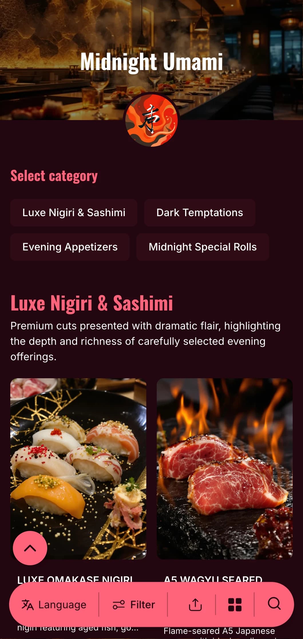 Luxurious late-night sushi experience with bold contrasts, featuring rich burgundy and bright accents against a deep background.