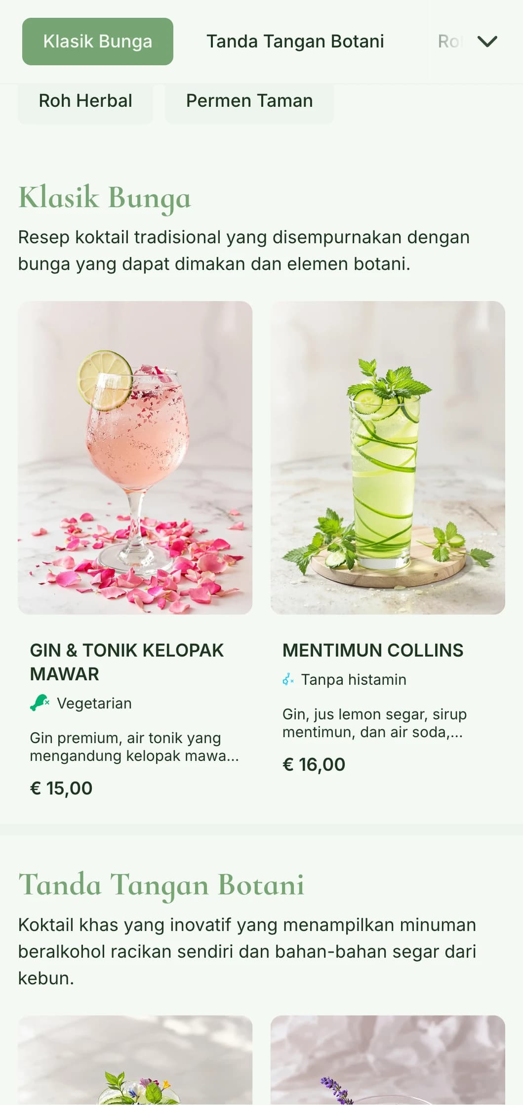 Desain yang rimbun dan terinspirasi dari taman untuk bar yang berspesialisasi dalam koktail herbal dan minuman beralkohol botani yang menampilkan warna hijau segar.