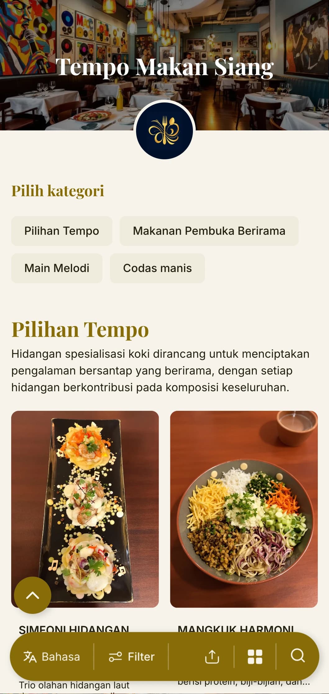Desain menu makan siang yang dinamis dan terinspirasi oleh irama dengan elemen musik dan tata letak yang mengalir, ideal untuk restoran yang berada di dekat bioskop dan tempat budaya.