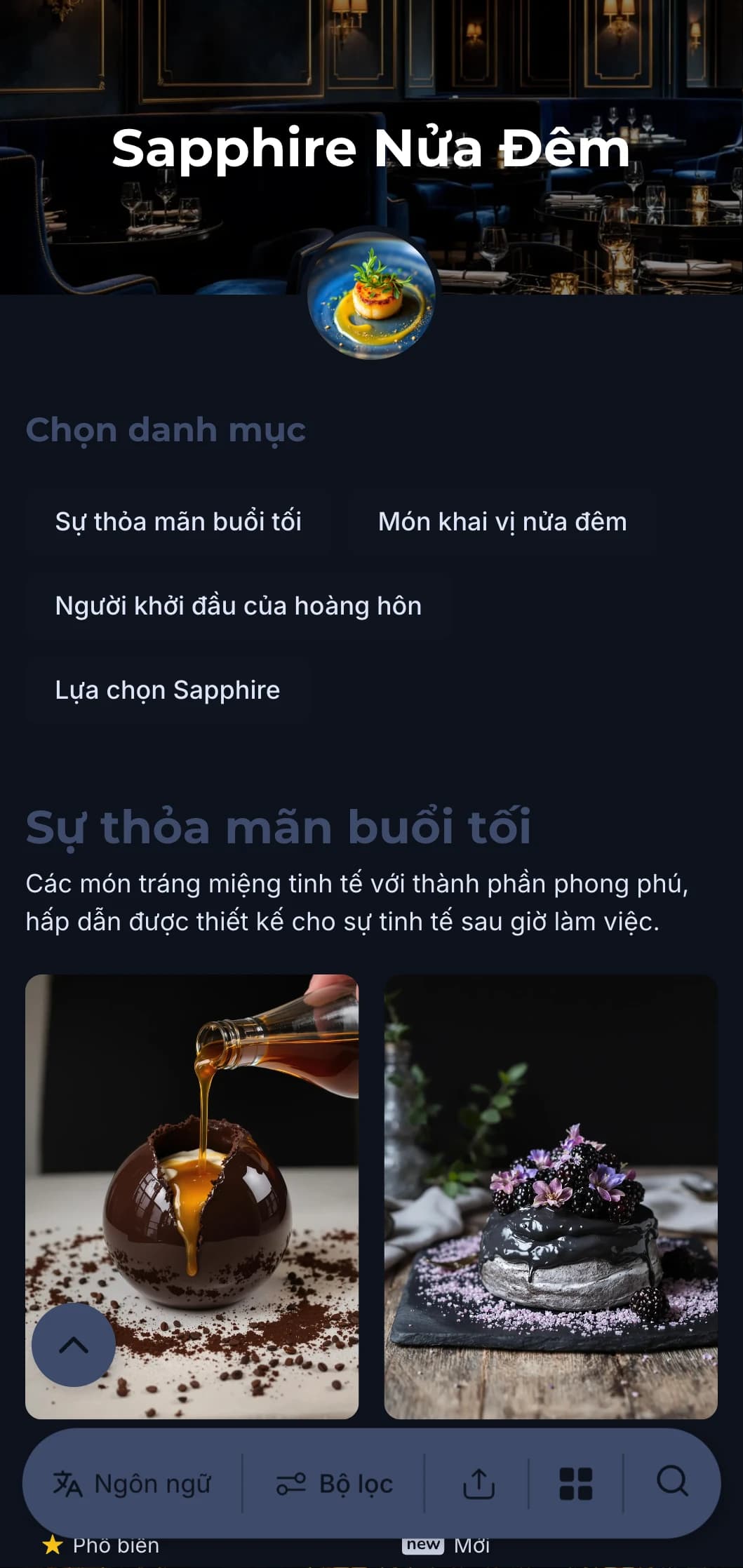 Khái niệm ăn uống sau giờ làm việc tinh tế với tông màu xanh đậm và các yếu tố sang trọng tinh tế mang đến trải nghiệm ẩm thực đắm chìm.