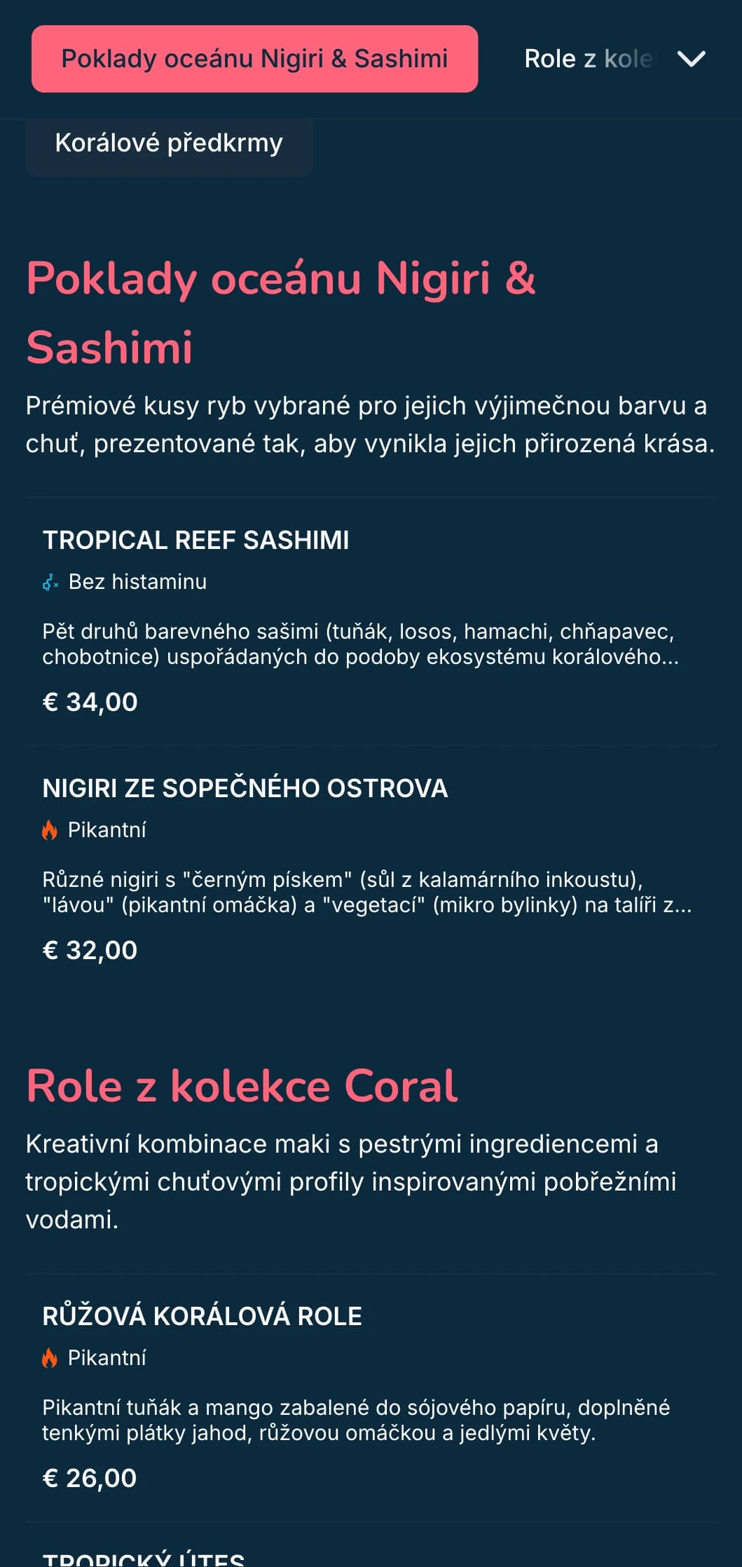 Živé sushi menu inspirované oceánem s korálově růžovými akcenty na tmavě modrém pozadí, ideální pro milovníky mořských plodů.
