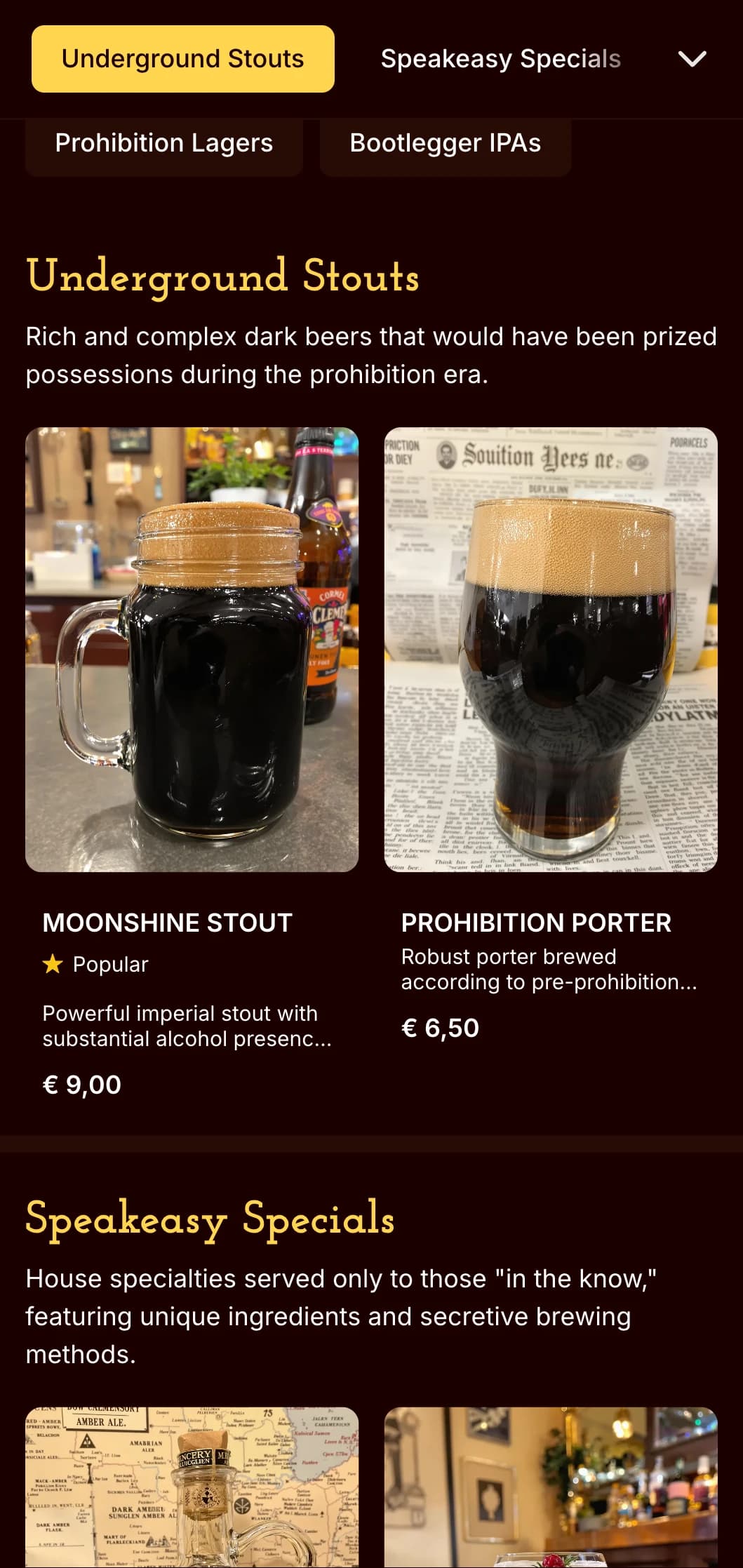 Clandestine and vintage prohibition-era design with dark tones and secretive aesthetics, ideal for speakeasy-themed beer bars.