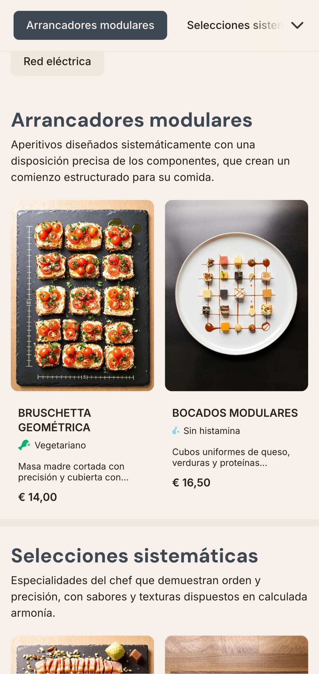 Diseño estructurado y cuadriculado de menús de mediodía con precisión matemática y una organización clara, ideal para restaurantes de diseño y restaurantes contemporáneos.
