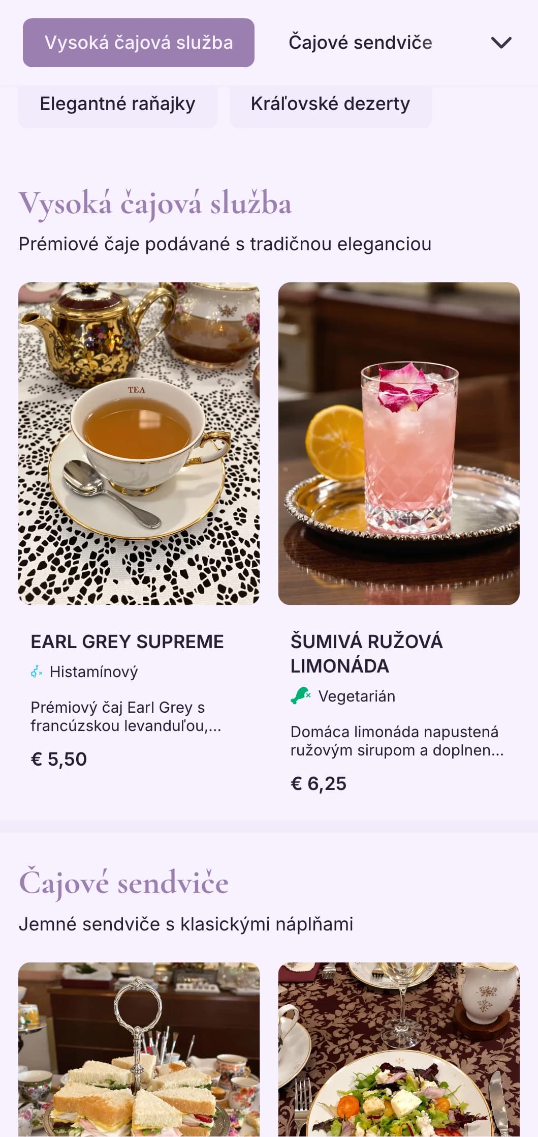 Sofistikovaný fialový dizajn pre luxusné čajové služby a elegantné cukrárne.