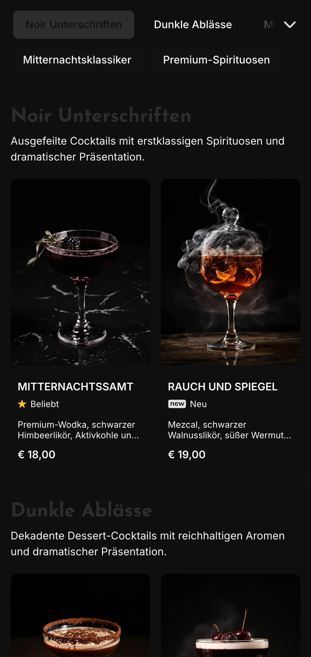Ein schlankes, dunkles Design für moderne Cocktail-Lounges und Nachtclubs mit kontrastreichen Elementen und kräftiger Typografie.
