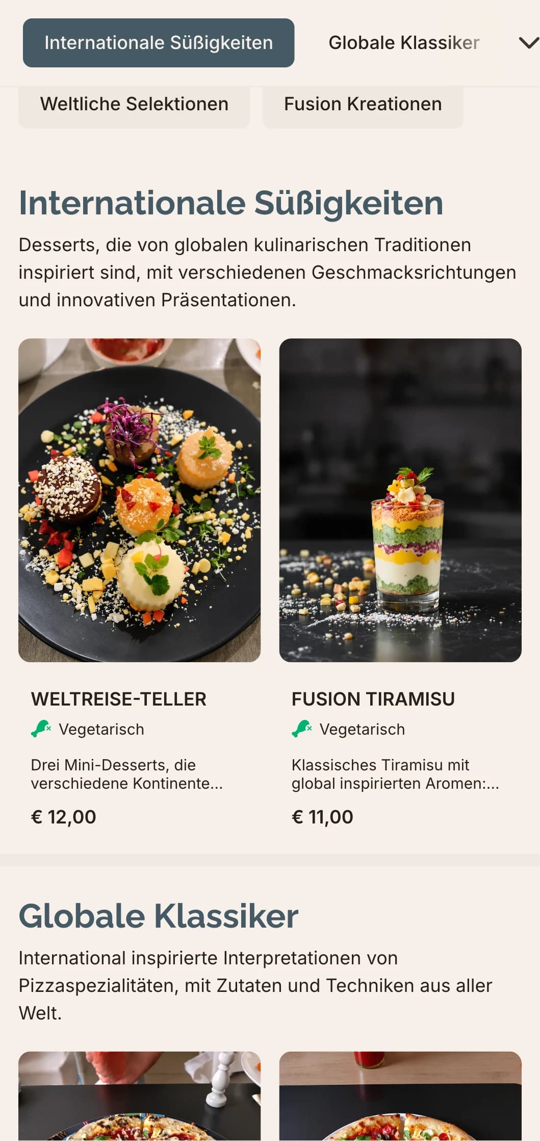 Globale Fusionspizzakarte mit modernem Design für innovative Geschmackskombinationen.