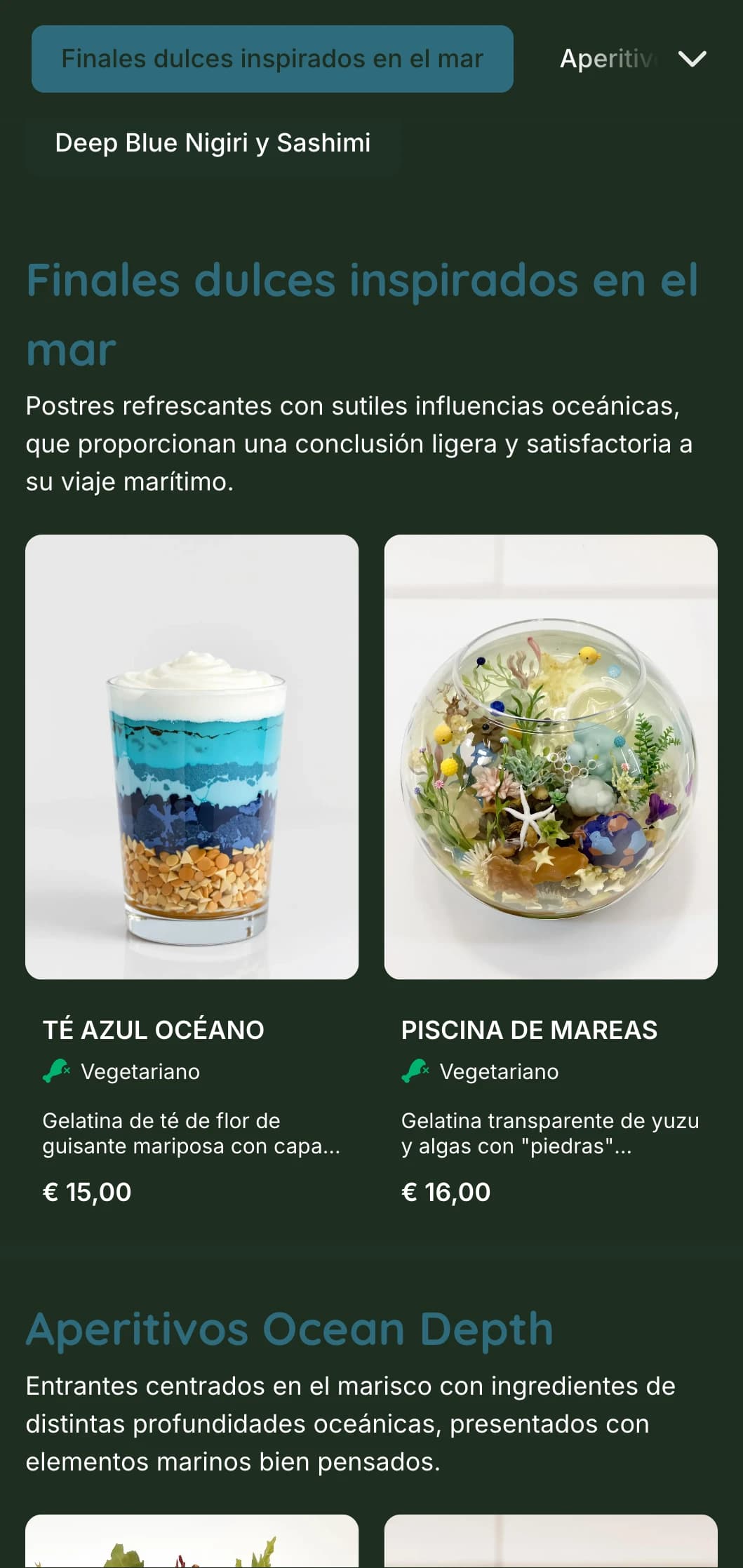 Tranquilo menú de sushi azul profundo inspirado en las profundidades oceánicas, con elementos marinos y énfasis en el marisco fresco.