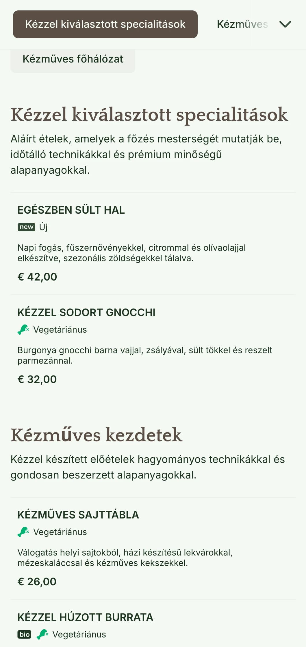 Meleg, kézműves jellegű vacsora menü kézműves ihletésű design elemekkel és földes tónusokkal, amely tökéletes a kézműves konyhára összpontosító éttermek számára.