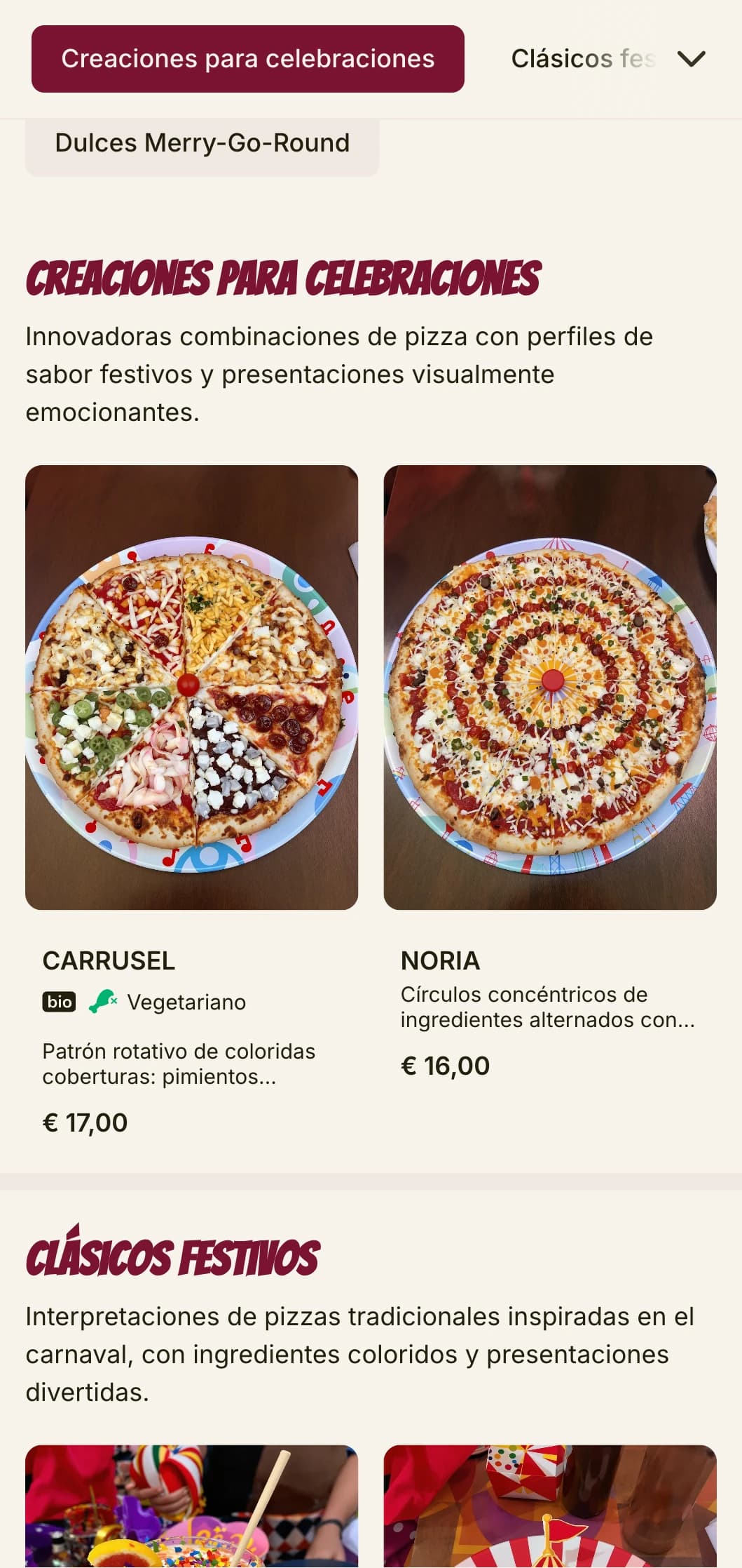 Carta de pizzas festiva y enérgica, con colores vivos y elementos lúdicos.