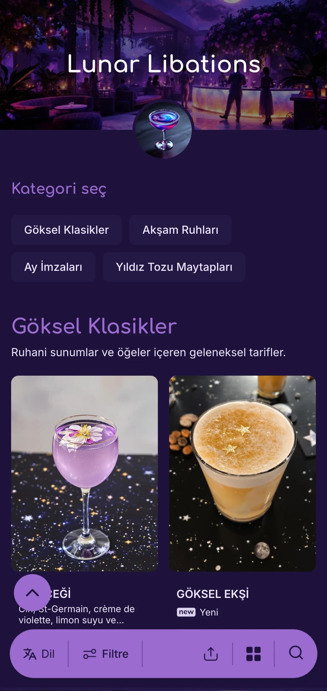 Gece temalı kokteyl barlar için ayın evrelerini içeren rüya gibi mor tasarım.