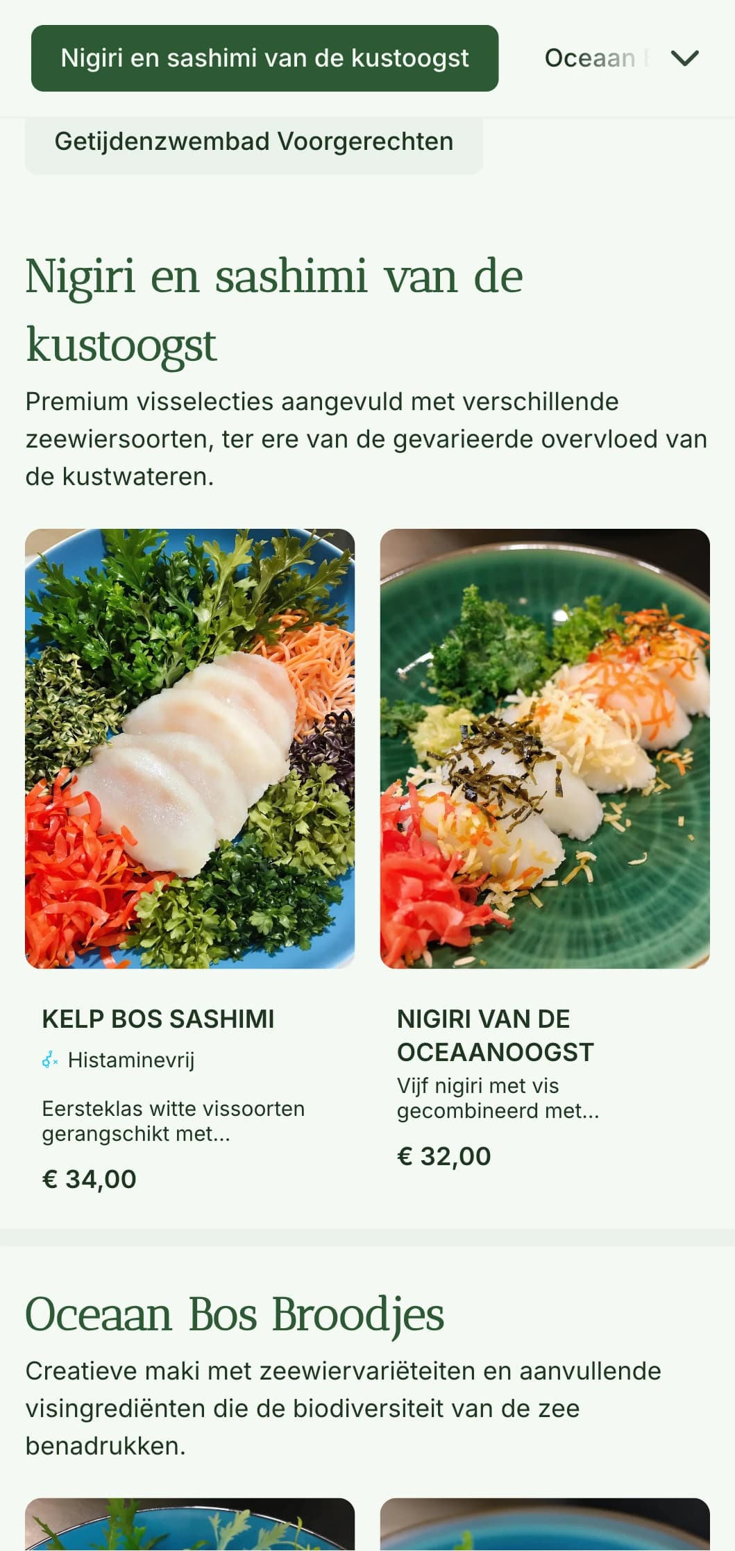 Vers op de oceaan geïnspireerd sushi-menu met diepe zeewiergroene tinten voor authentieke visrestaurants.
