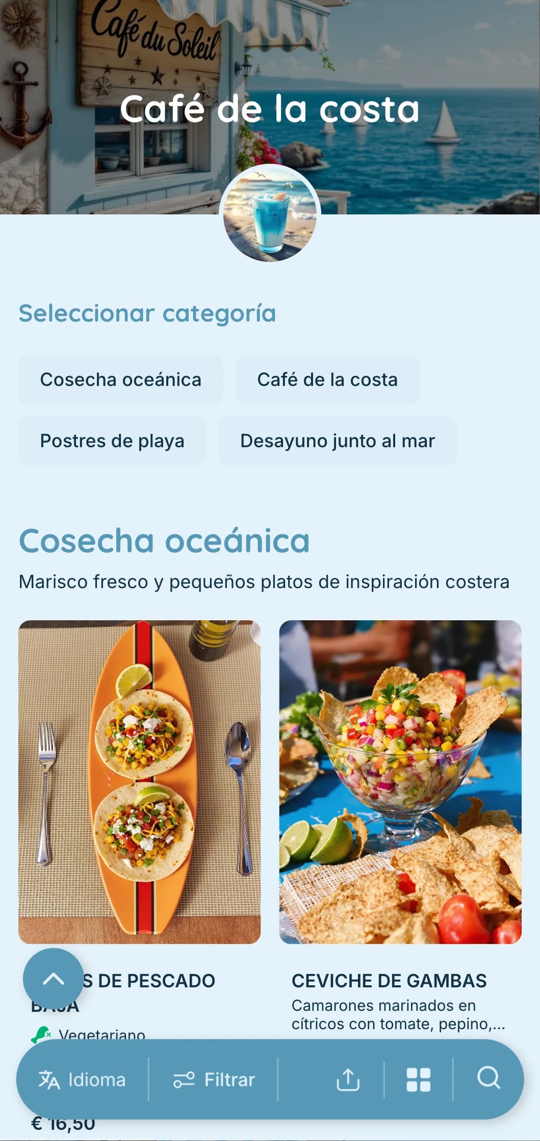 Diseño azul y desenfadado con elementos costeros para cafeterías junto al mar y frente a la playa.