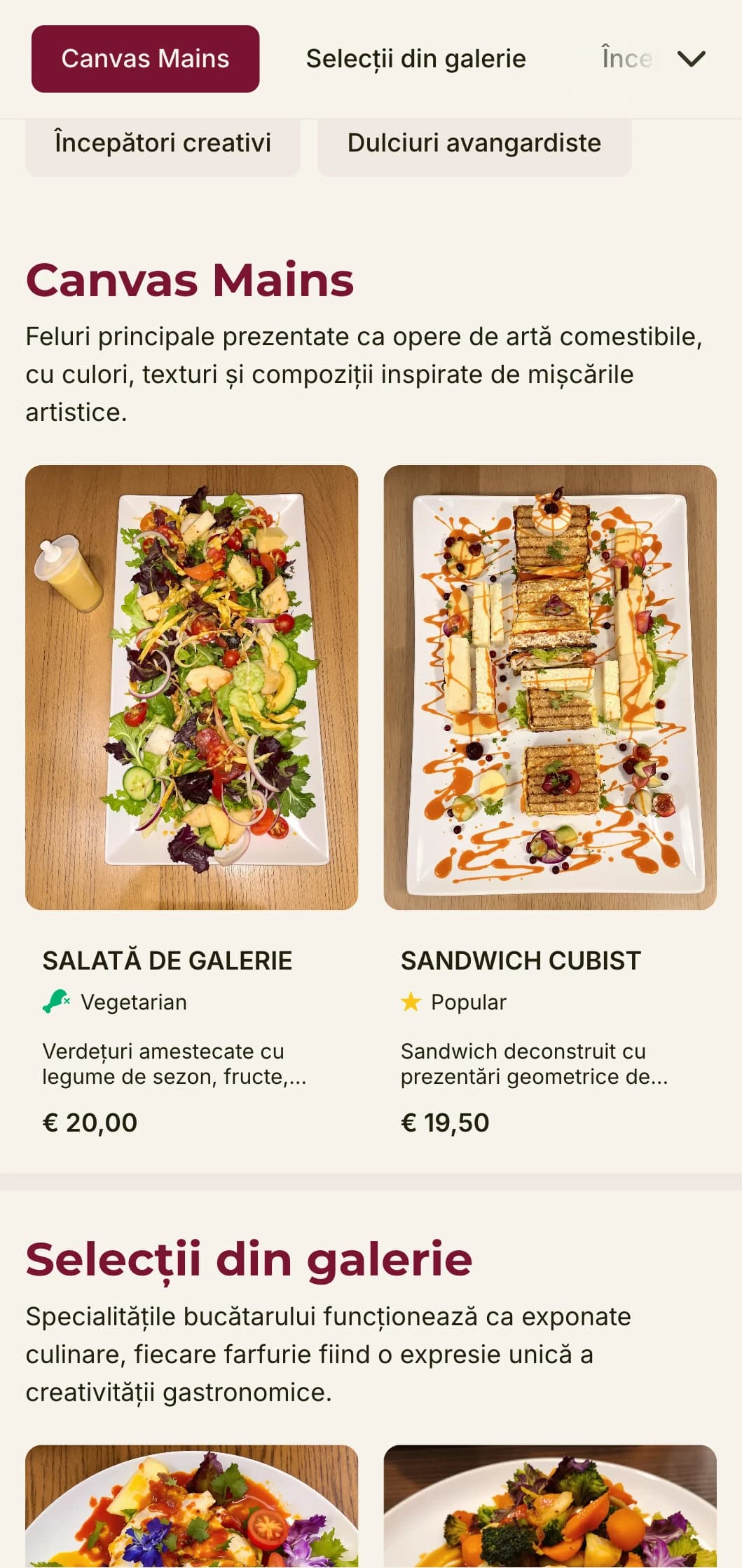 Design creativ, inspirat de artă pentru meniul de prânz, cu accente de culoare îndrăznețe și aspect expresiv, ideal pentru restaurantele din apropierea galeriilor și a districtelor artistice.