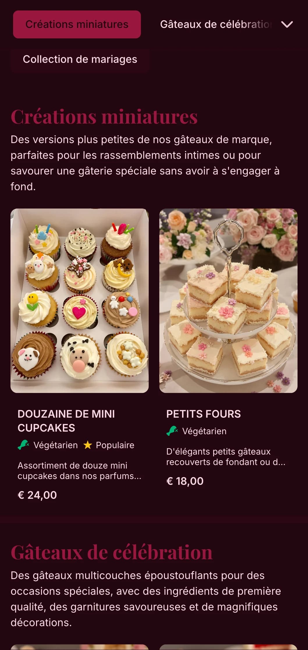 Un menu de boulangerie luxueux et féminin avec de riches tons roses et une typographie élégante, idéal pour les pâtisseries haut de gamme et les spécialistes des gâteaux de mariage.