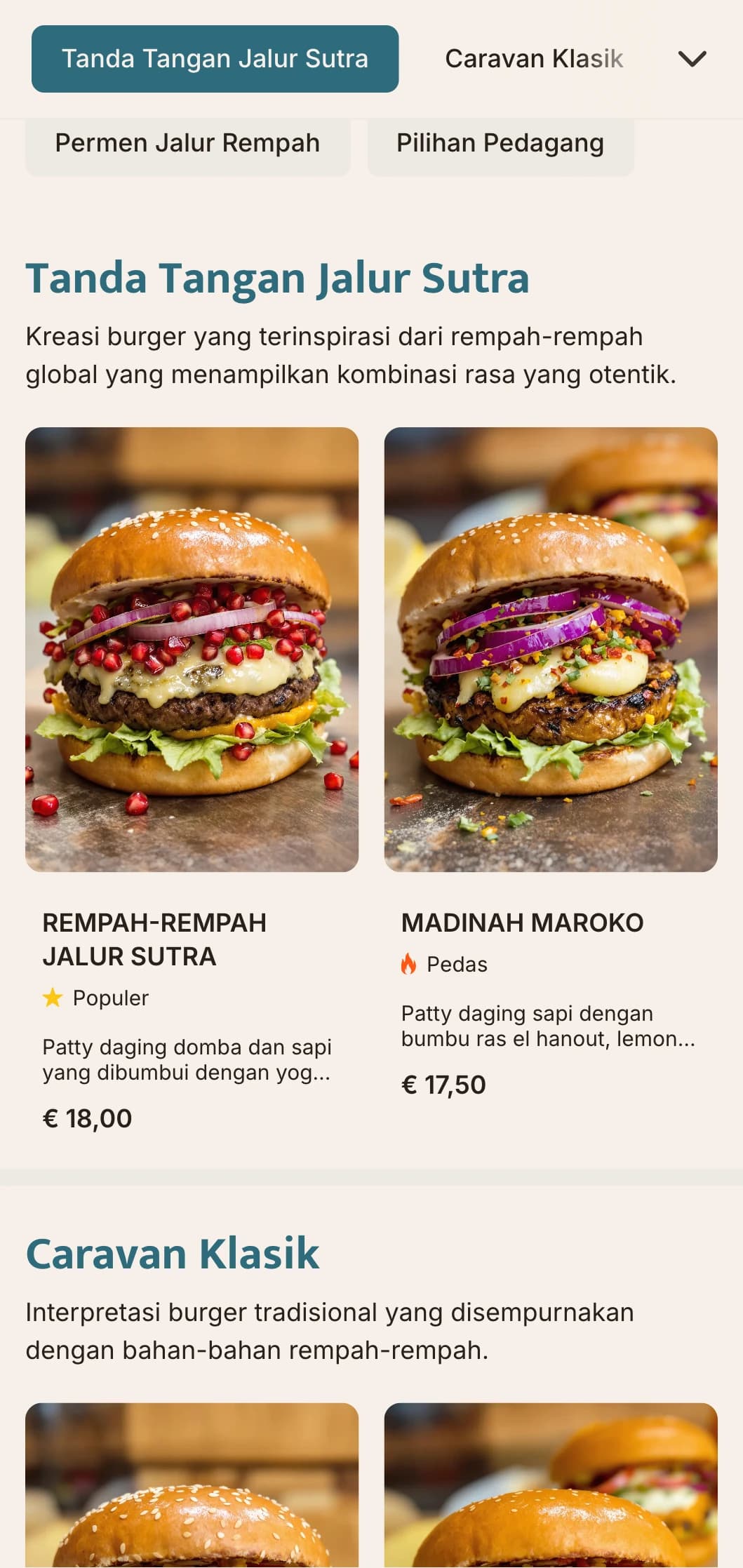 Menu burger yang terinspirasi dari perdagangan rempah-rempah yang menampilkan profil cita rasa global dan referensi sejarah.