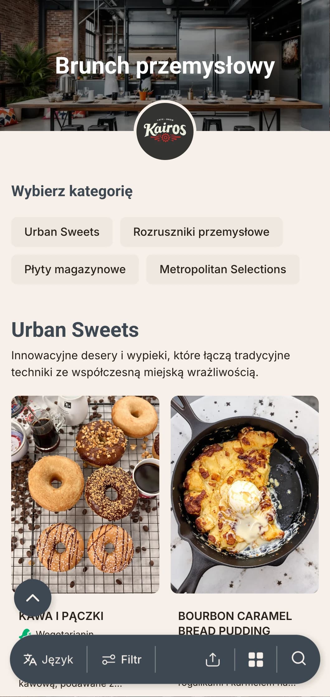 Surowy, miejski szablon brunchowy z elementami wzornictwa przemysłowego, odpowiedni do kawiarni magazynowych i przekształconych przestrzeni.