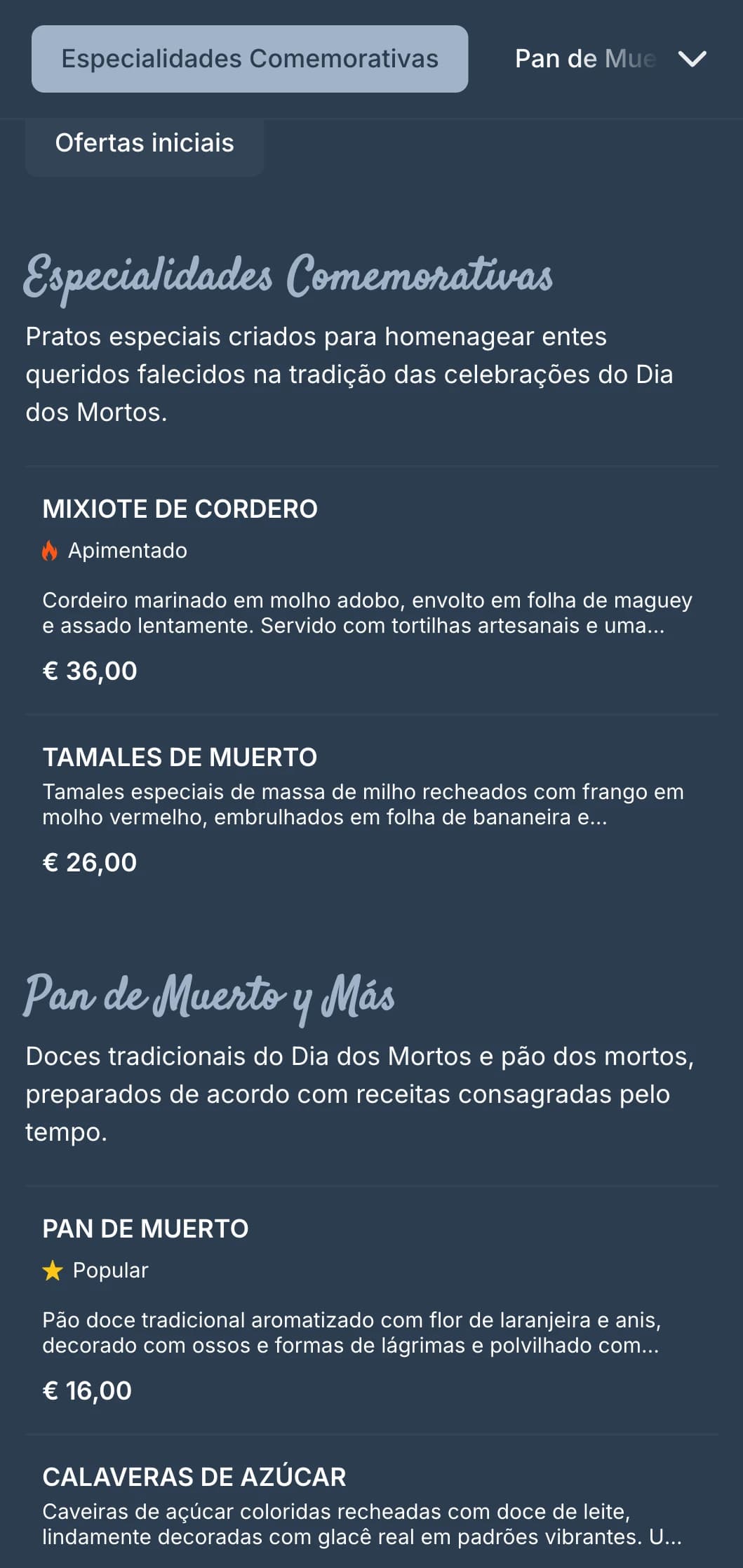 Cardápio temático artístico e comemorativo do Dia dos Mortos, com ricos tons de cinza-azulado, motivos de caveira de açúcar e ofertas sazonais especiais.