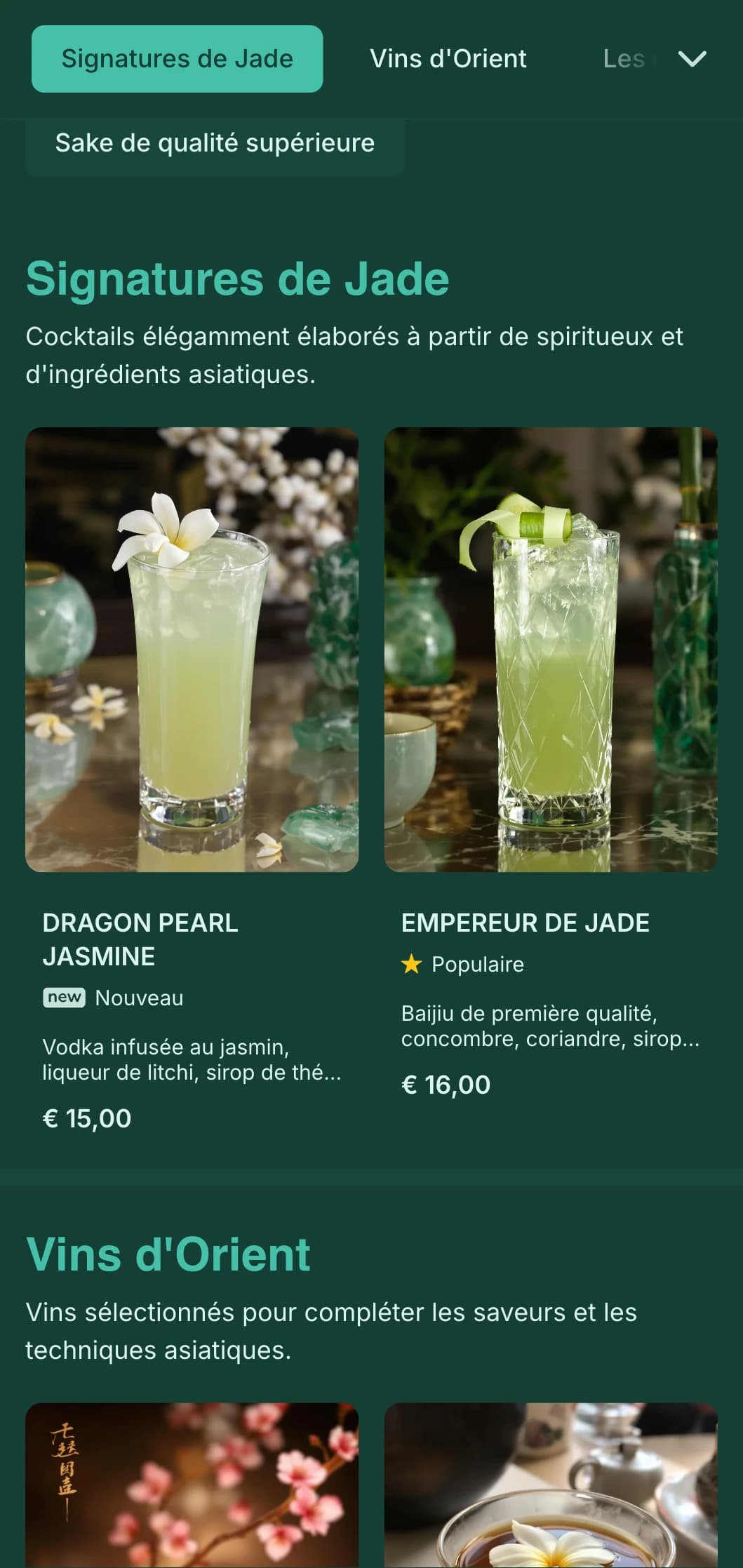 Design vert élégant inspiré de l'art chinois pour les salons de cocktails d'inspiration asiatique.