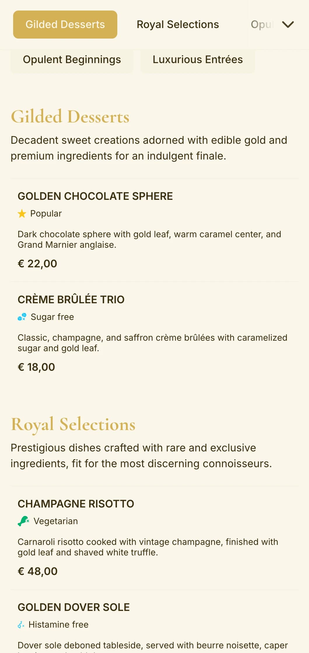 Opulent gold-themed design exuding luxury and exclusivity, perfect for high-end establishments and special occasion dining.