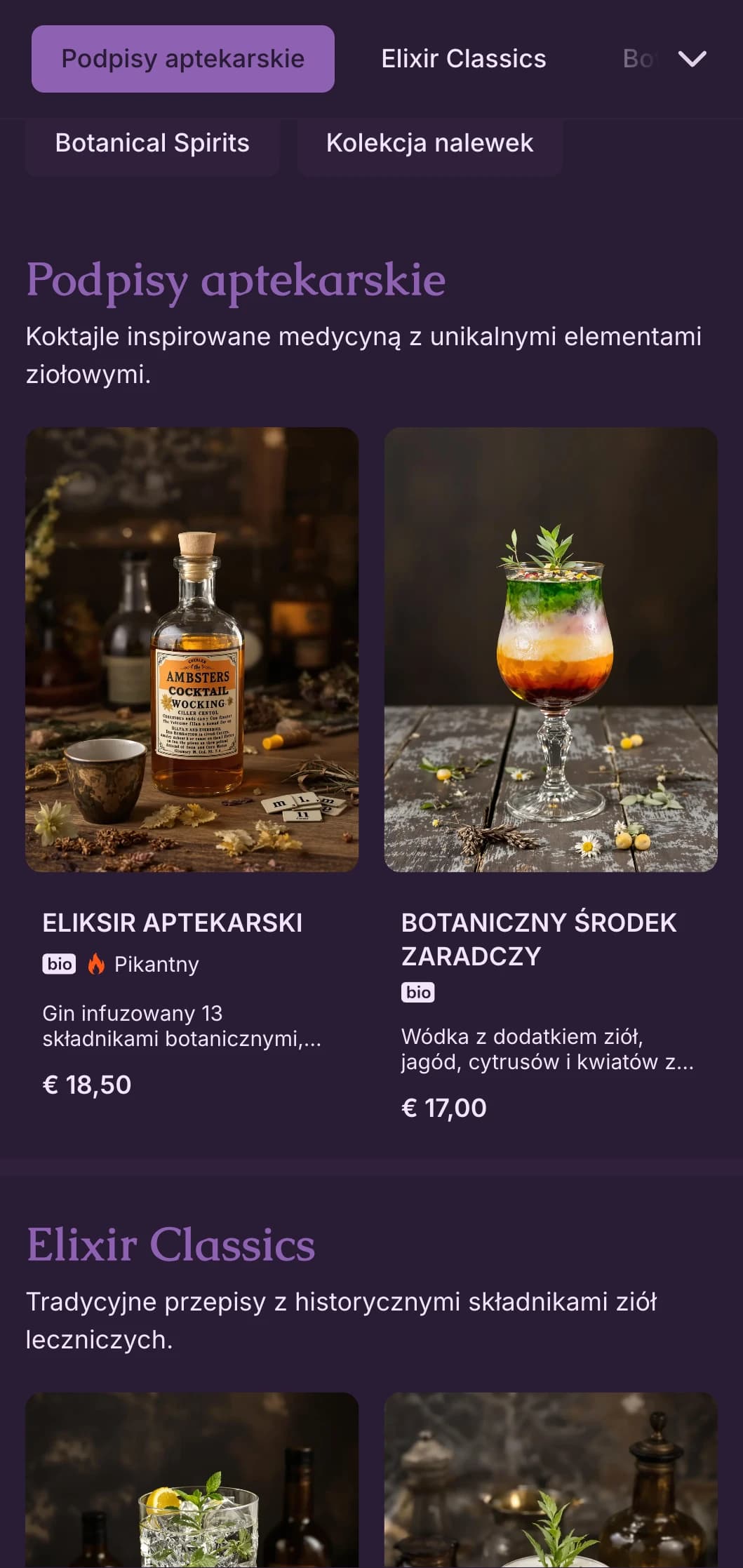 Tajemniczy fioletowy wzór z botanicznymi ilustracjami dla laboratoriów koktajli rzemieślniczych.