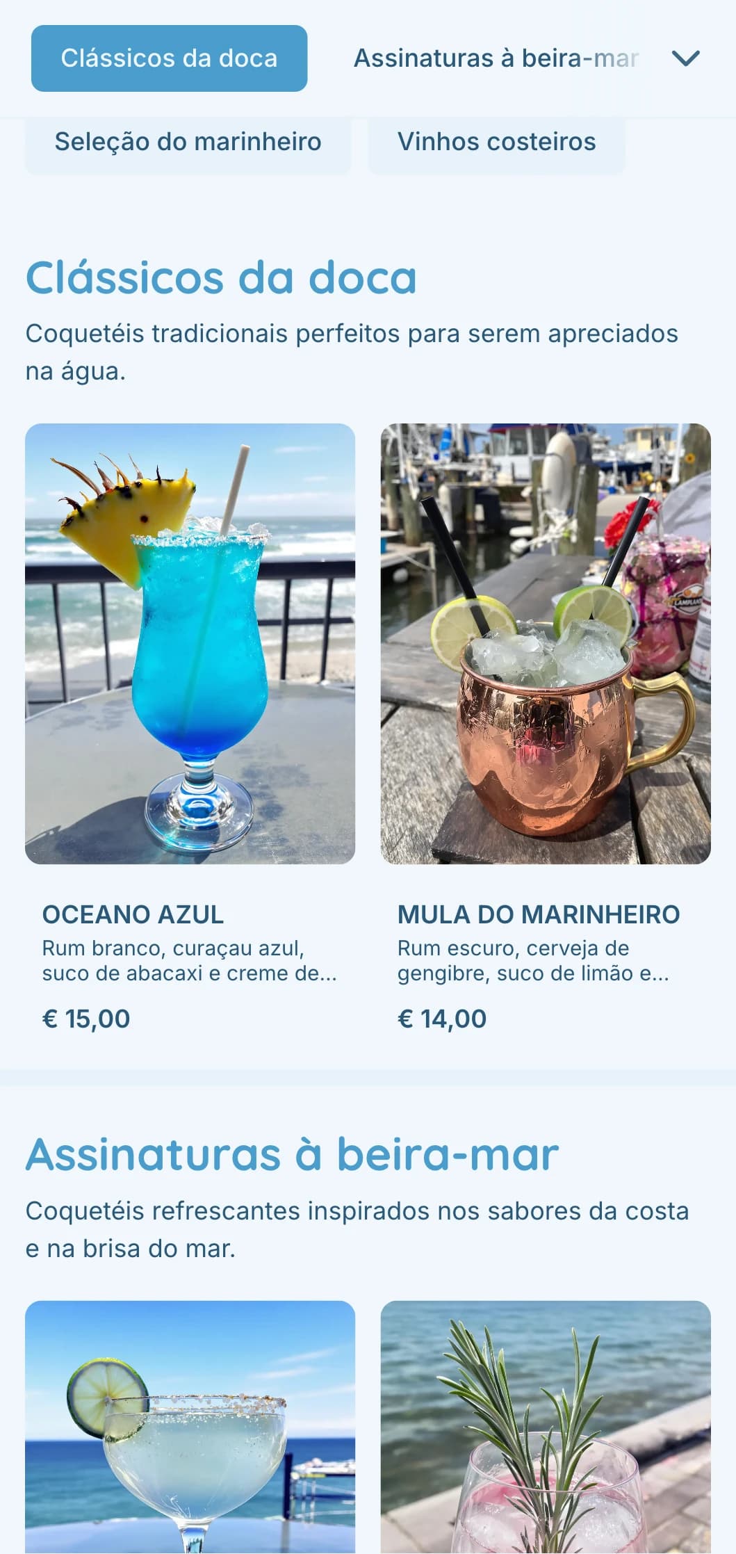 Design em azul claro com elementos náuticos para bares à beira-mar e locais em docas.