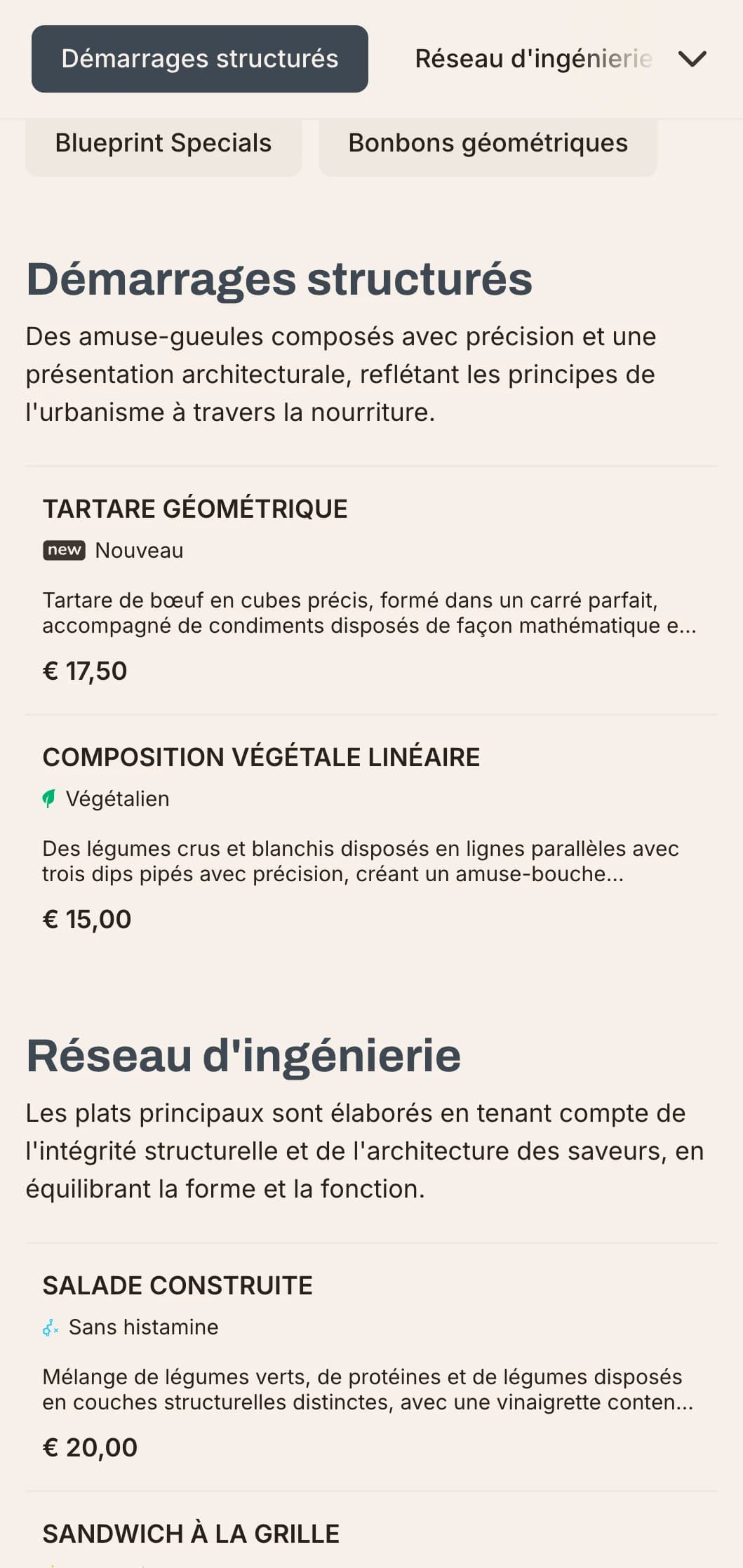 Un menu de déjeuner audacieux et architectural avec des lignes fortes et des éléments urbains, idéal pour les restaurants contemporains dans les quartiers d'affaires et les développements modernes.