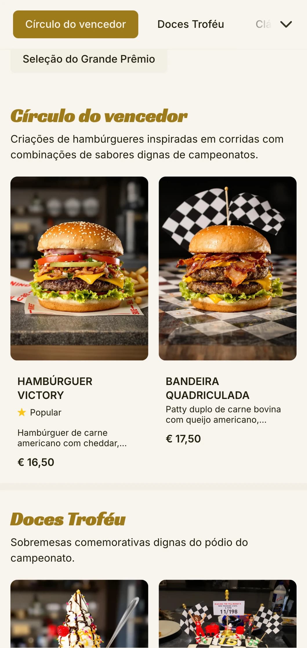 Hamburgueria inspirada em corridas com elementos de automobilismo e atmosfera de pista de vitória.