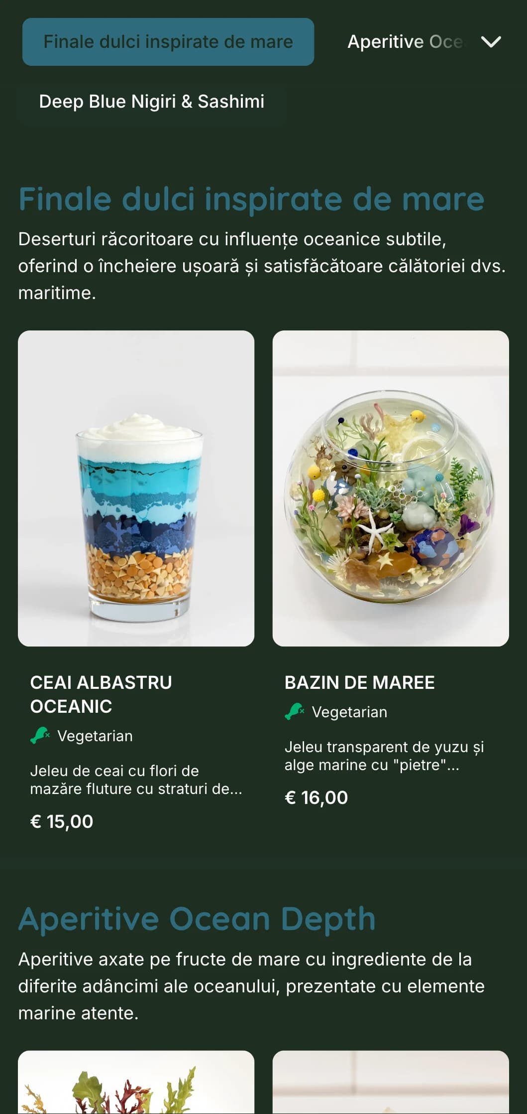 Meniu liniștit de sushi albastru intens inspirat de adâncurile oceanului, cu elemente marine și fructe de mare proaspete.