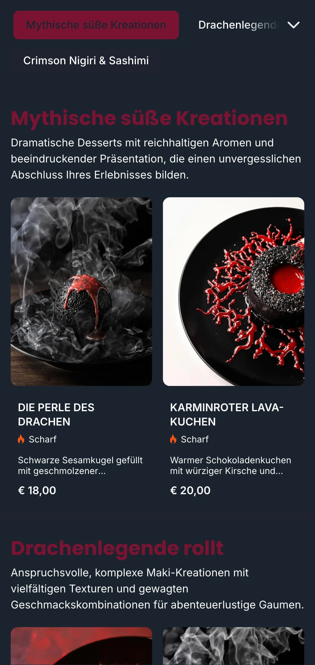 Kühnes, dramatisches Sushi-Menü mit satten Rottönen, inspiriert von der traditionellen japanischen Drachenmythologie.