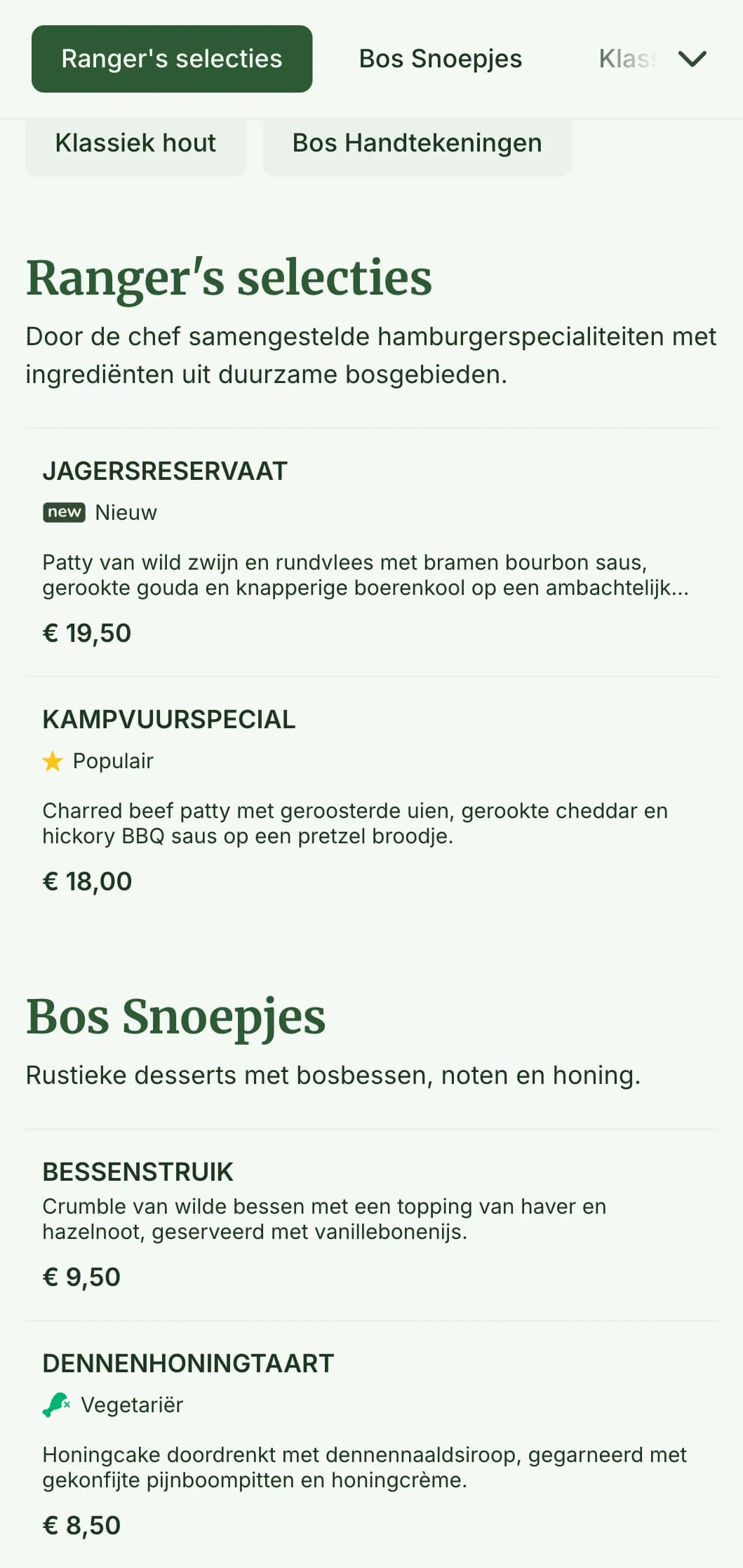 Op het bos geïnspireerde hamburgerervaring met houttexturen en een aards kleurenpalet.