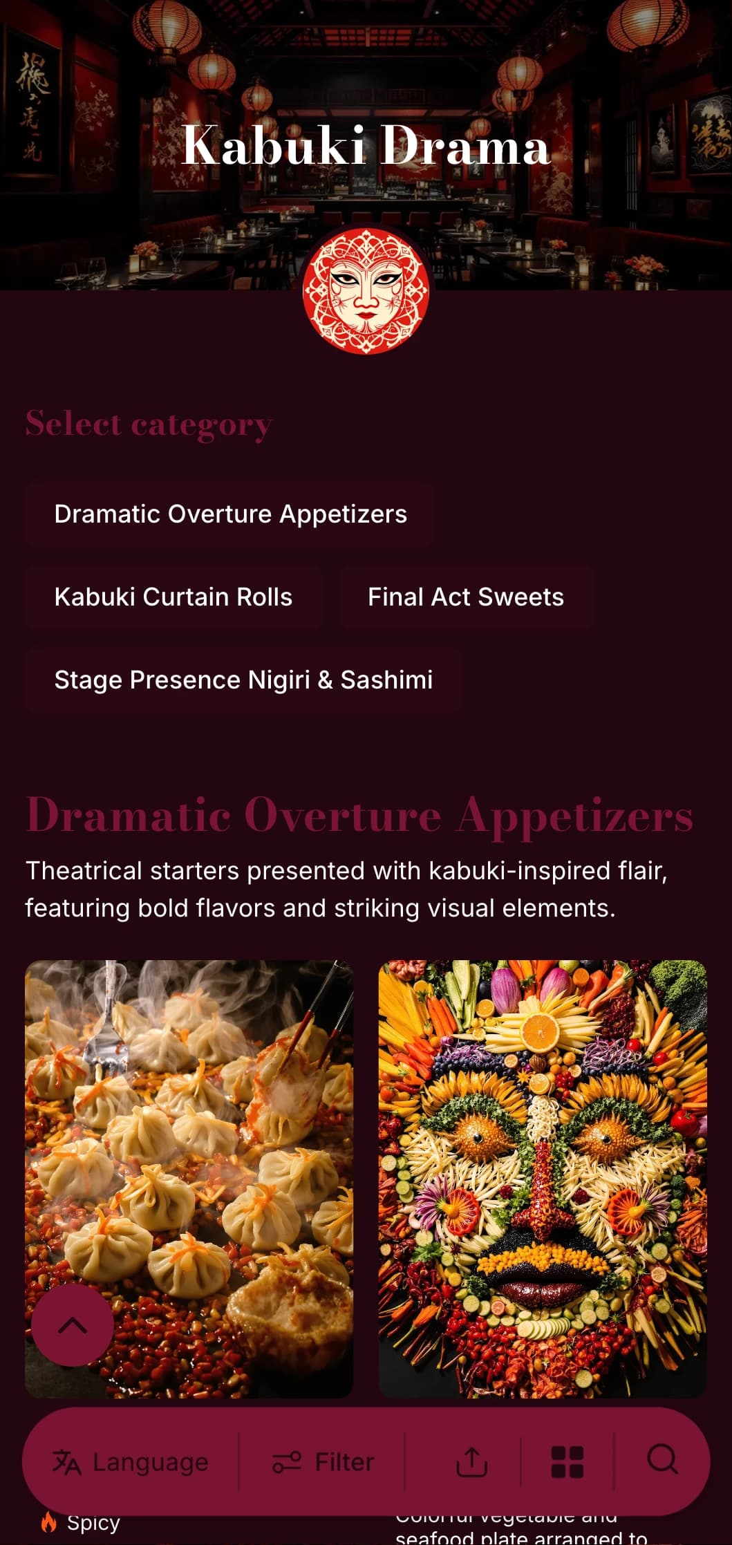 Theatrical sushi menu inspired by traditional Kabuki, featuring dramatic red and black contrasts.