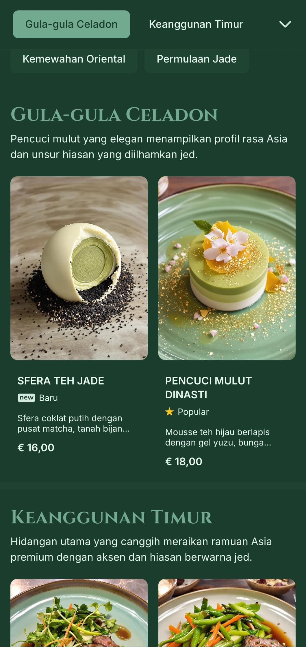 Konsep canggih berinspirasikan Asia yang menampilkan rona hijau jed dan unsur timur yang halus.