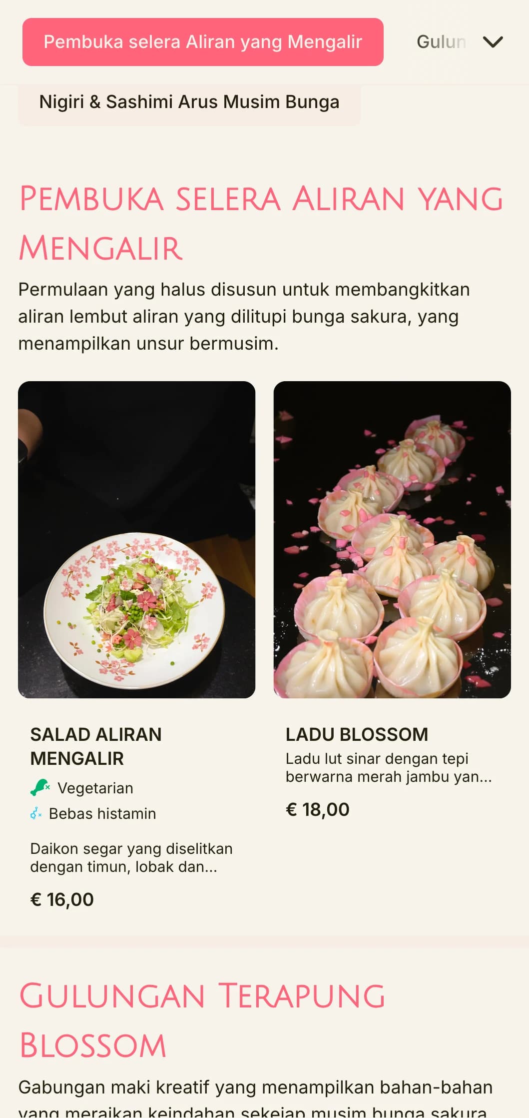 Menu sushi berinspirasikan bunga sakura yang mengalir dengan aksen merah jambu lembut dan unsur semula jadi.