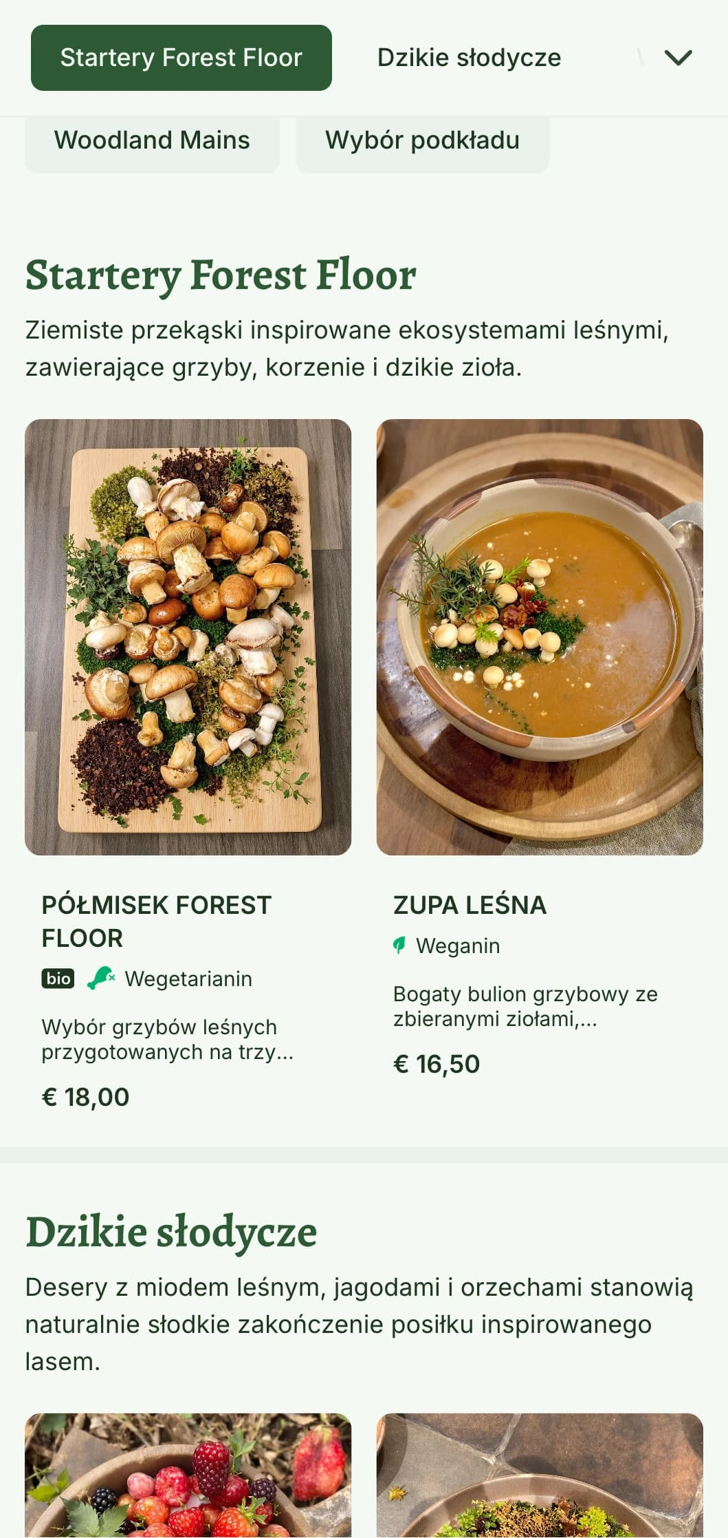 Mistyczne, inspirowane lasem menu lunchowe z elementami leśnymi i naturalnymi teksturami, idealne dla restauracji w otoczeniu lasu lub z motywami leśnymi.