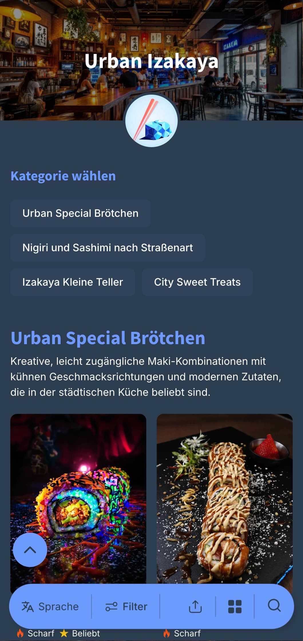 Zeitgenössische Speisekarte im japanischen Pub-Stil mit urbanem Flair, mit kühlen Blautönen und tiefem Marineblau für zwangloses Essen.