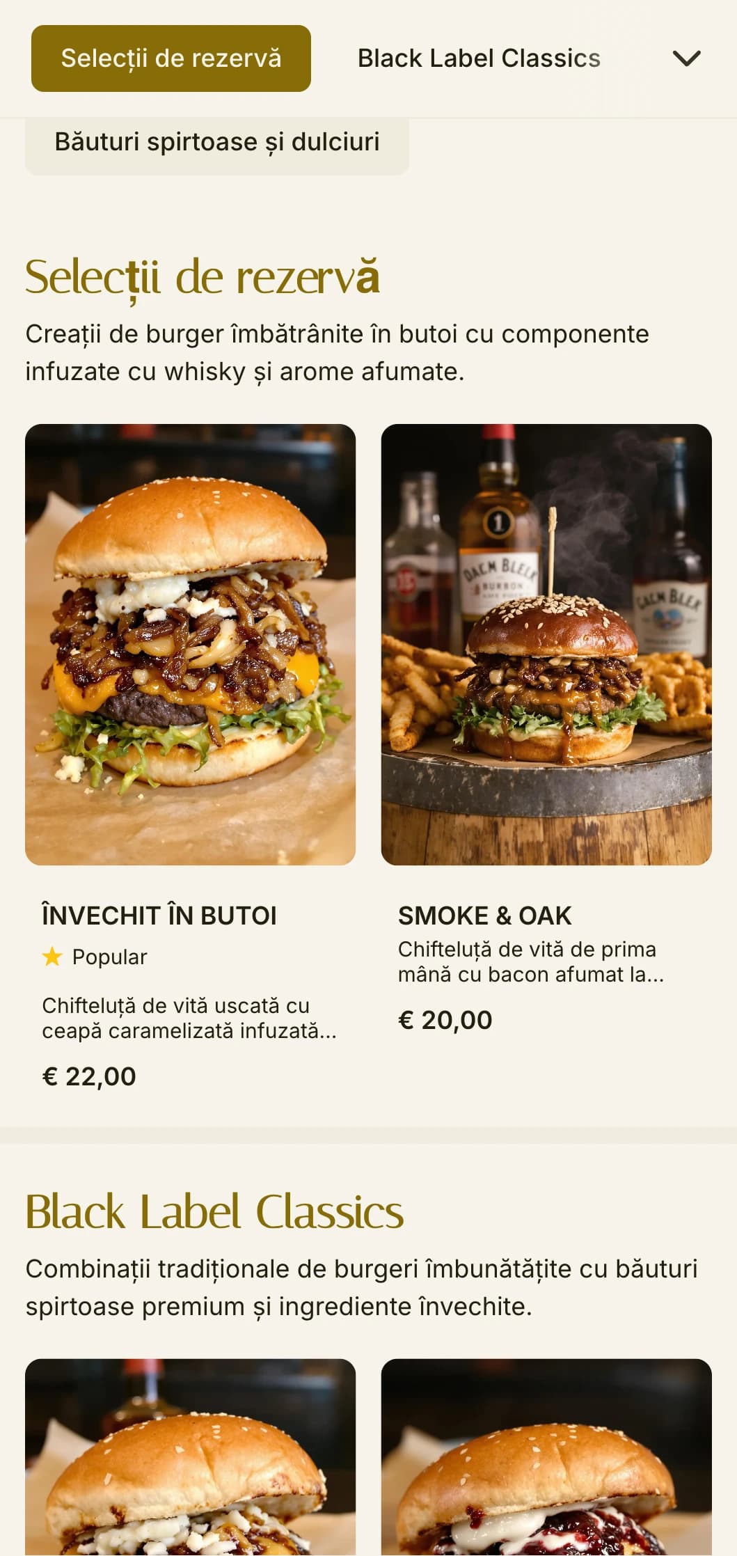 Burger bar premium inspirat de whisky, cu lemn închis și accente din piele.