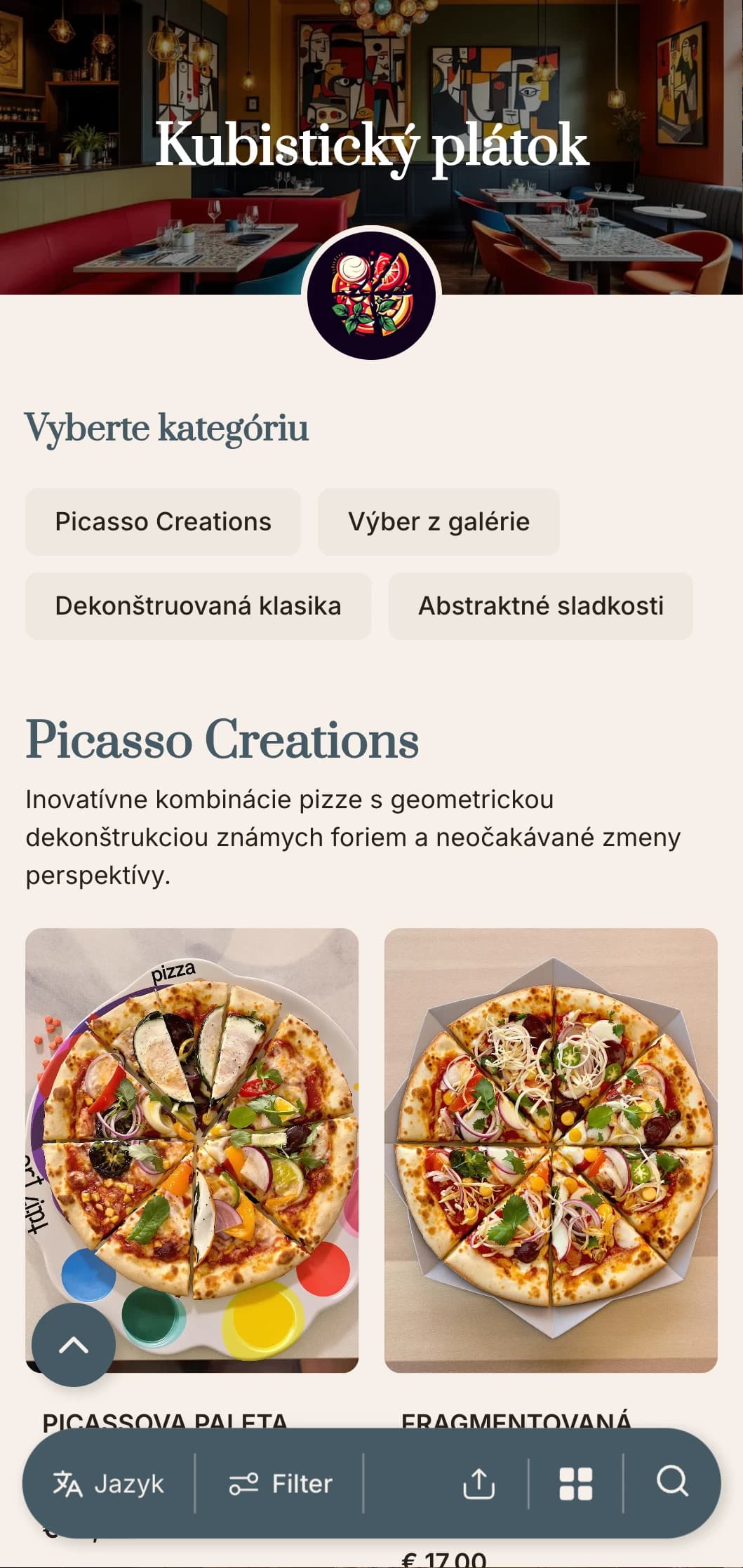Ponuka pizze inšpirovaná Picassom s abstraktnými geometrickými prvkami a umeleckým rozložením.