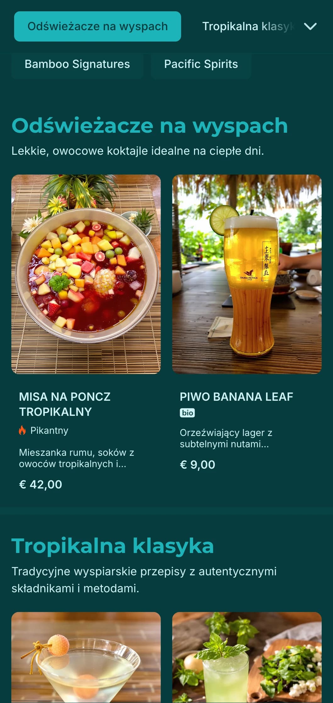 Świeży zielony design z bambusowymi teksturami dla egzotycznych barów o tematyce azjatycko-pacyficznej.