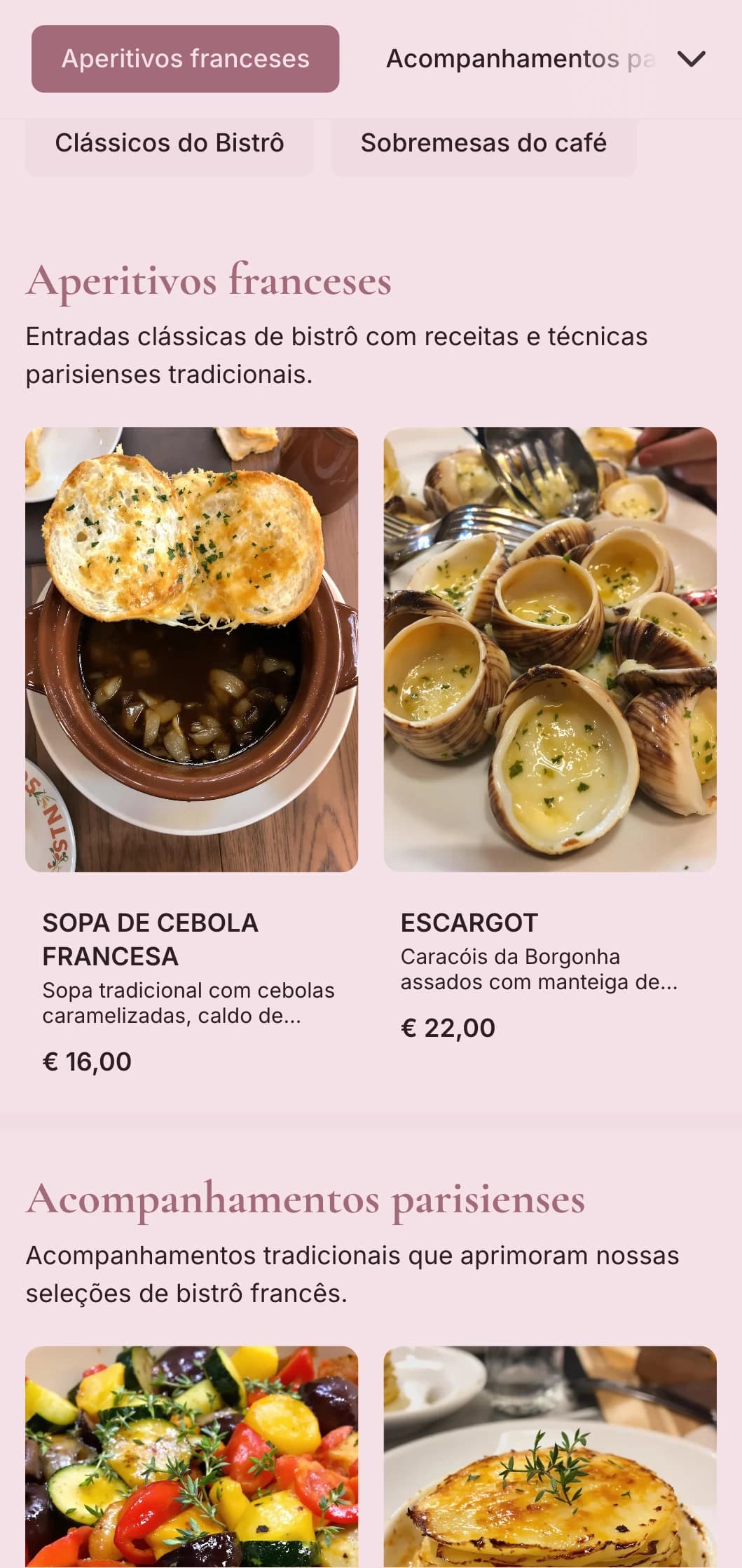 Serviço de bufê clássico de inspiração francesa, com os favoritos dos bistrôs, técnicas refinadas e apresentação elegante, porém acessível, para eventos sofisticados.