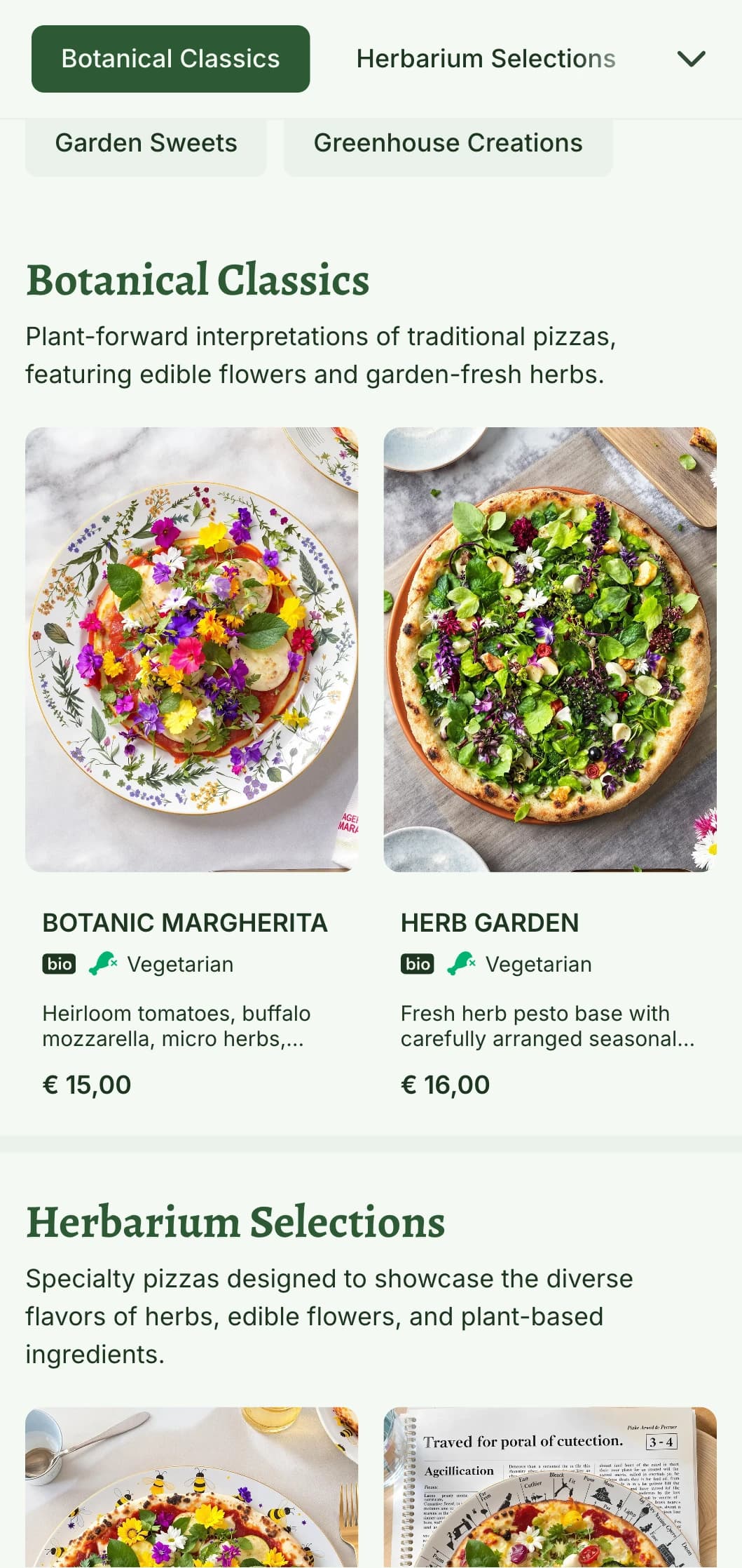 Plant-based pizza menu with botanical illustrations and natural design elements.