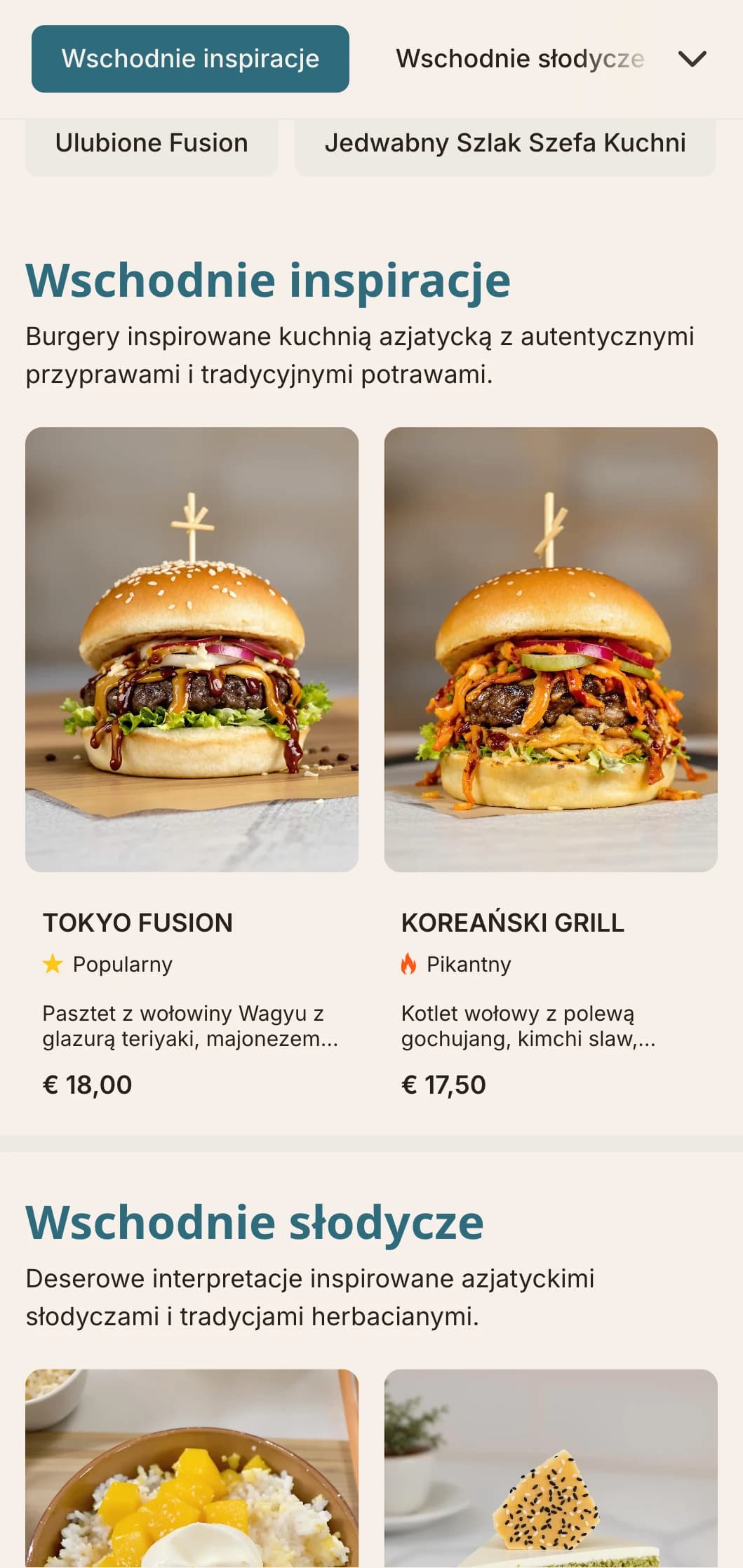 Połączenie Wschodu i Zachodu w burgerach z azjatyckimi smakami i nowoczesną prezentacją.
