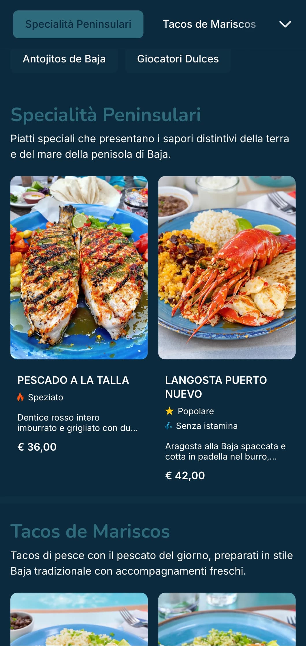 Menu leggero e rinfrescante di ispirazione Baja con tacos di pesce, ingredienti freschi e accenti blu costieri con un'atmosfera da spiaggia moderna.